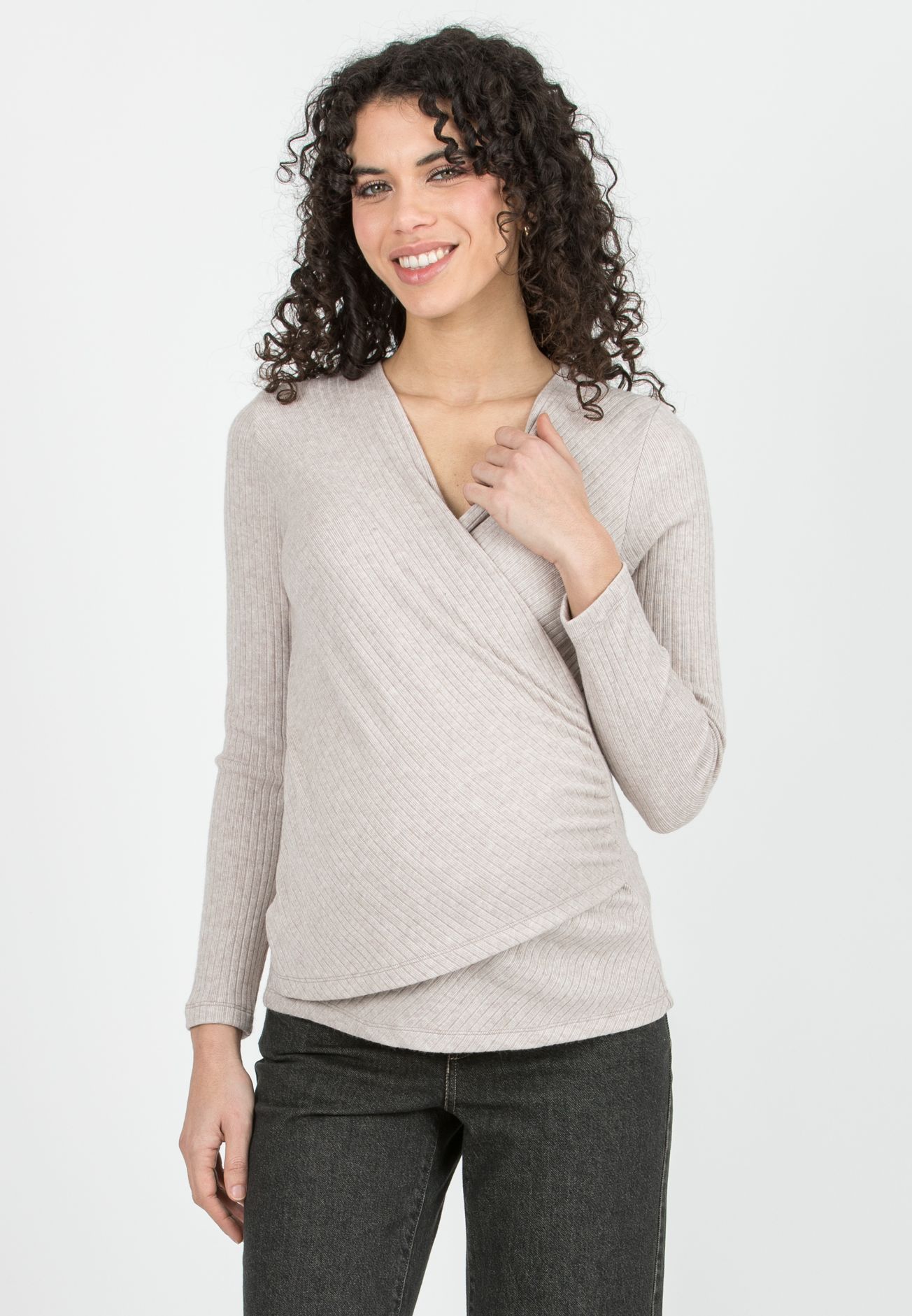 JENNIFER C - Maglioncino Premaman & Allattamento in Costina con Scollo Incrociato (Ecru', XS)