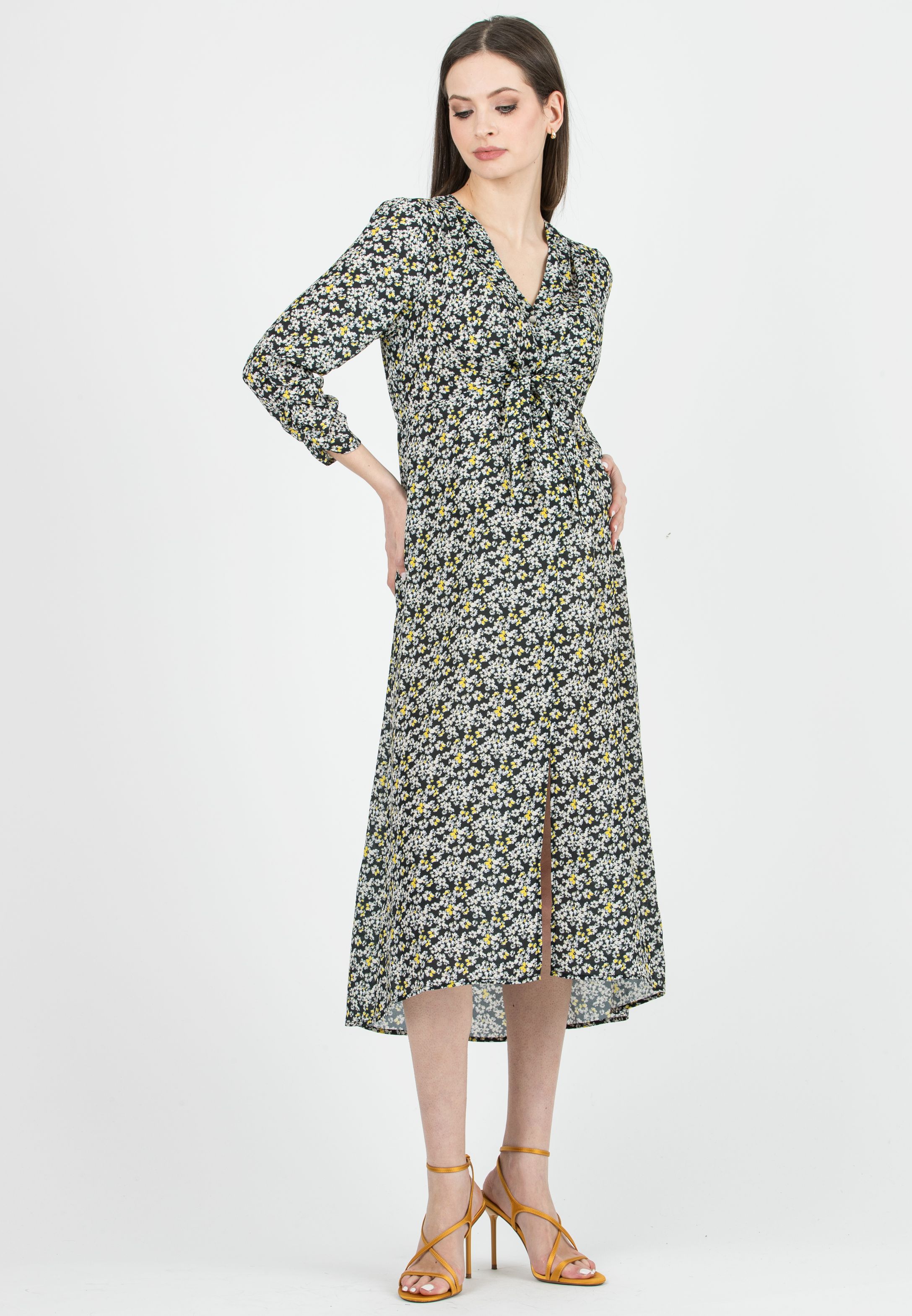 BELEN M/L - Printed Maternity & Nursing Dress with Knotted Bodice (Black, XS)