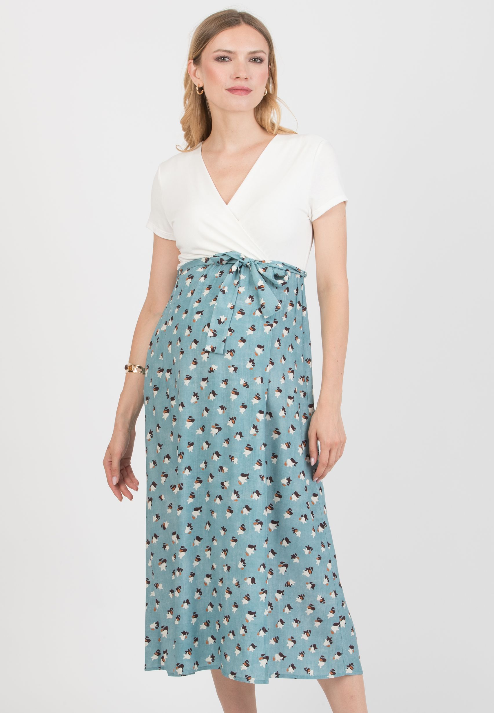 FEDERICA - Maternity Midi Dress with Crossed Neckline and Viscose Wrapped Skirt (Azzurro)