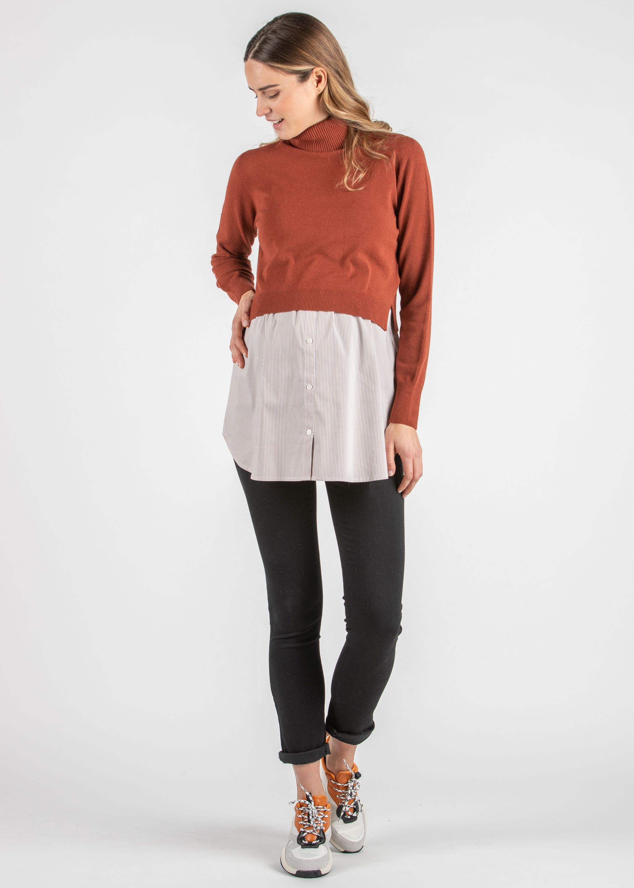 GIANNA R - Maglioncino Premaman & Allattamento con Collo Alto e Top a Righe Abbinato (Rosso Mattone, XS)