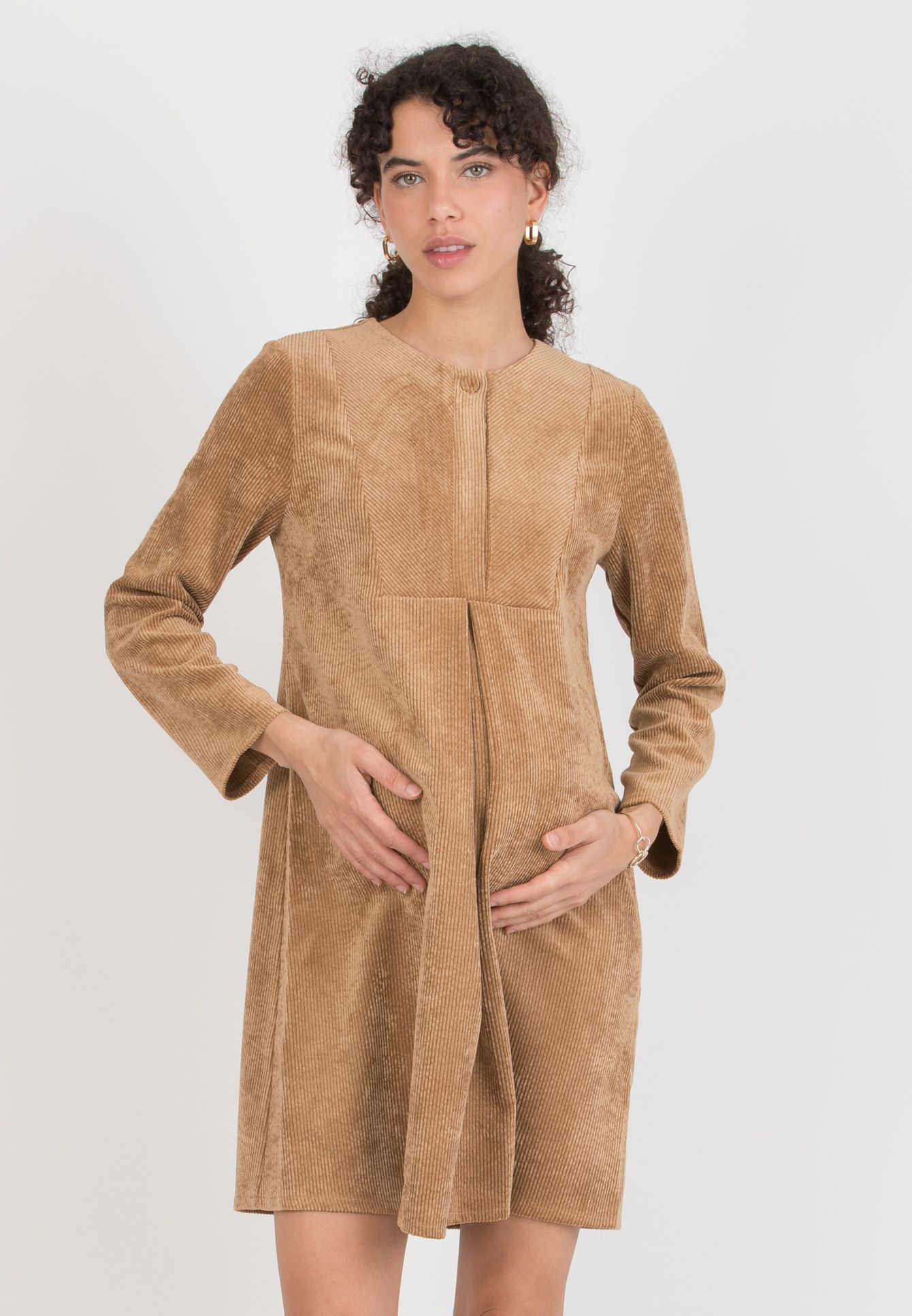 JADE - Abito Premaman & Allattamento in Velluto a Coste con Davantino (Beige)