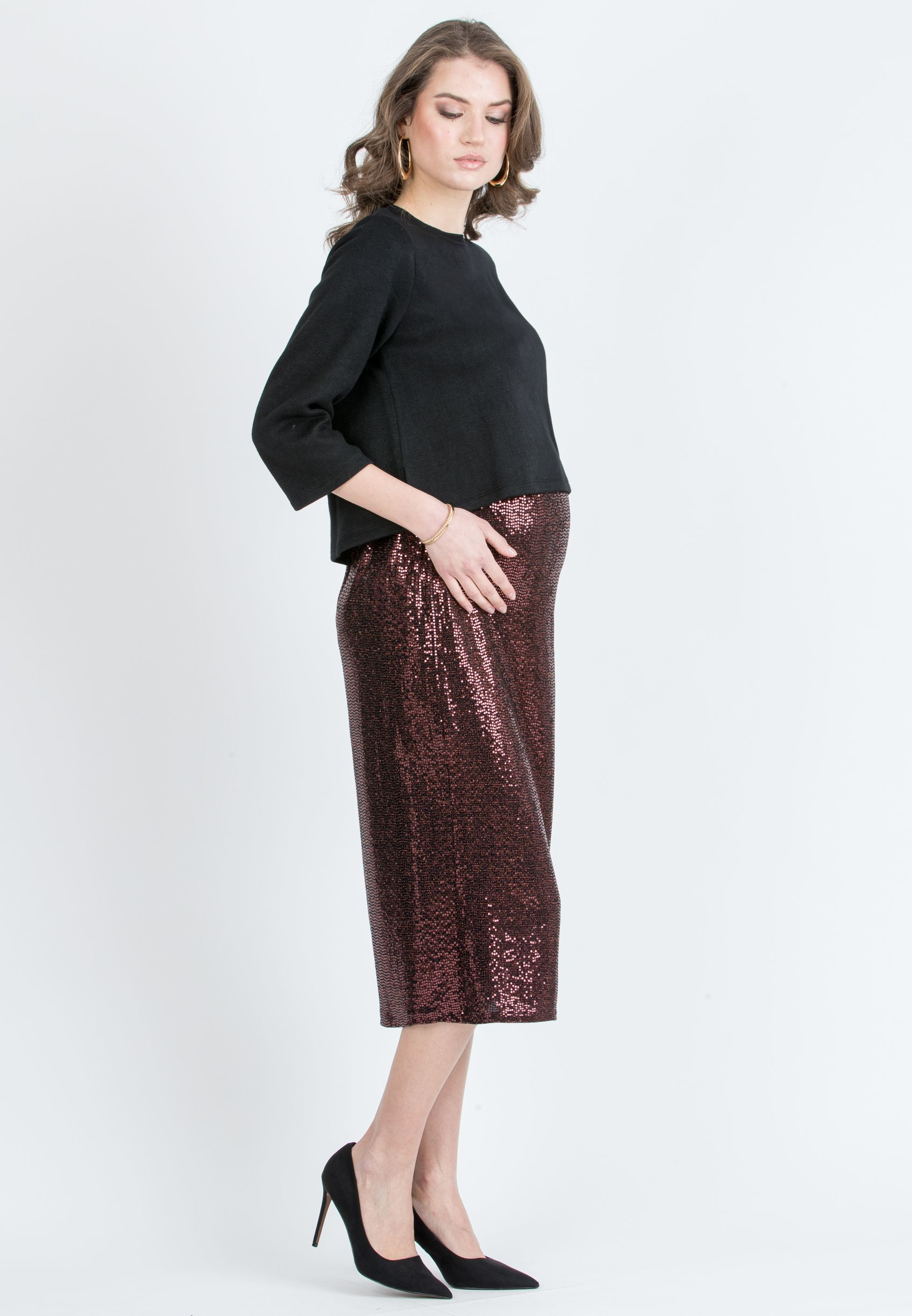 VERA P – Sequin Pencil Skirt (Rosso Mattone)