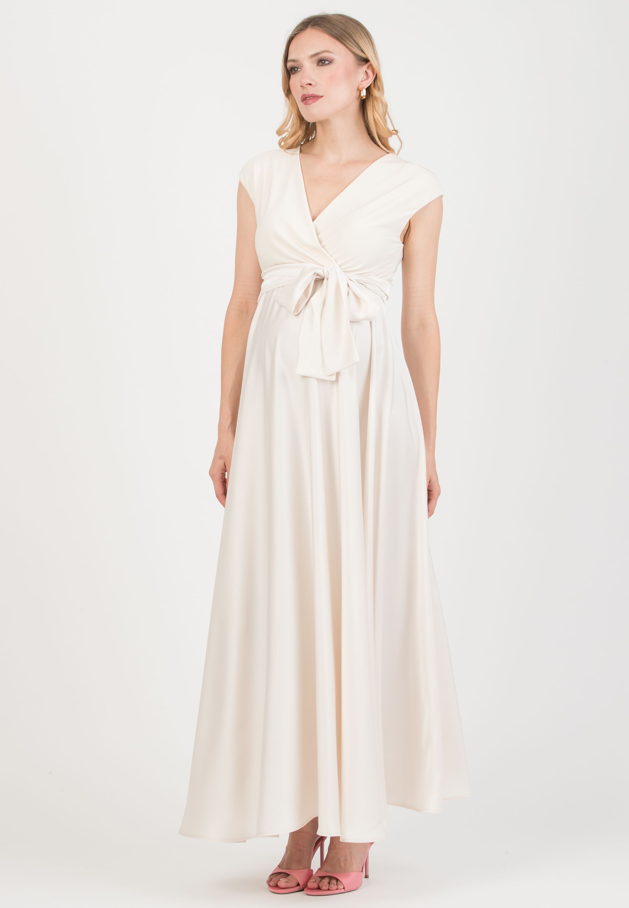 LUCREZIA - Maternity & Nursing Maxi Dress with Satin Skirt (Natural, XS)