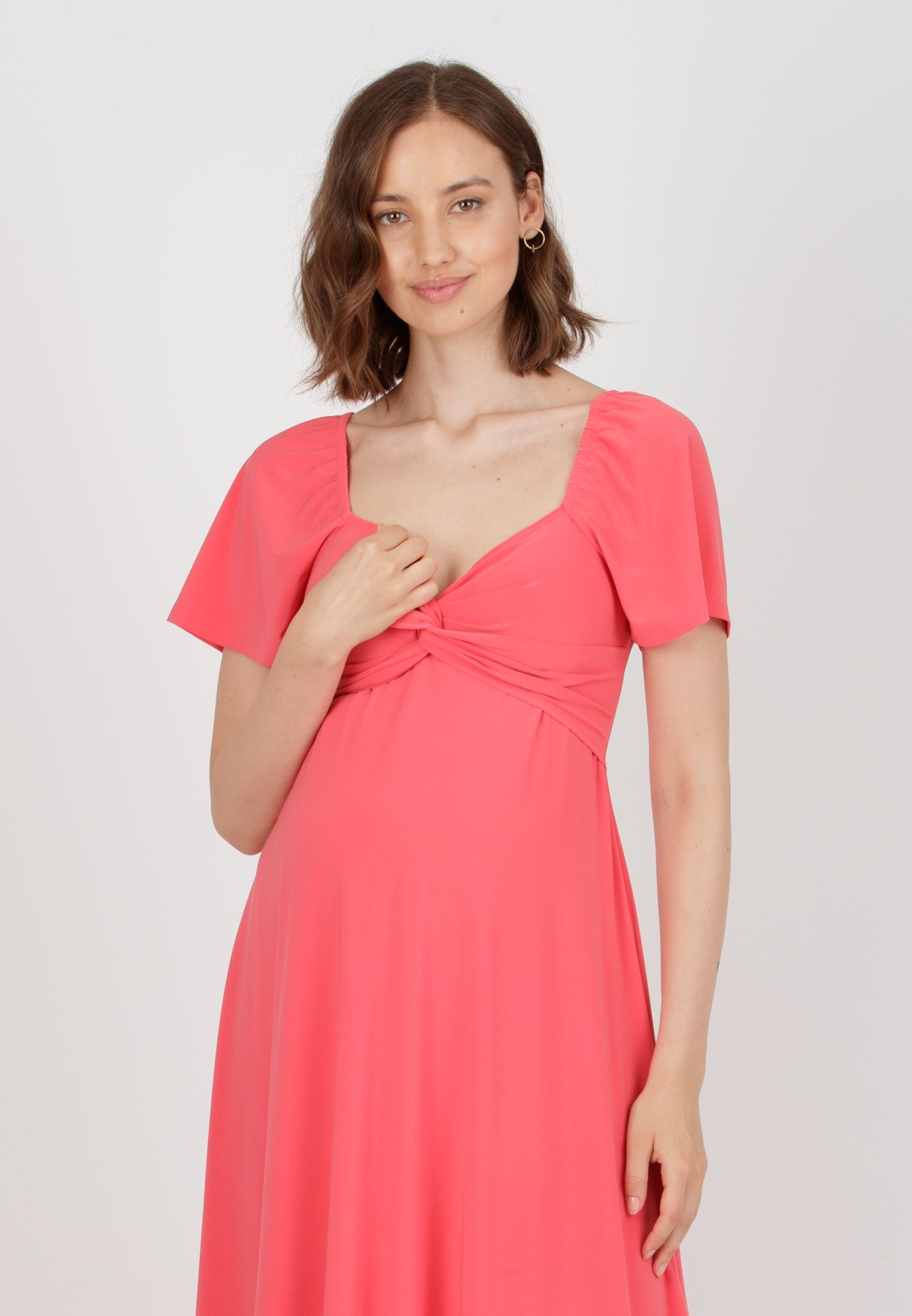 ESTELLE - Maternity & Nursing Dress with Sweetheart Neckline and Flared Midi Skirt (Corallo)