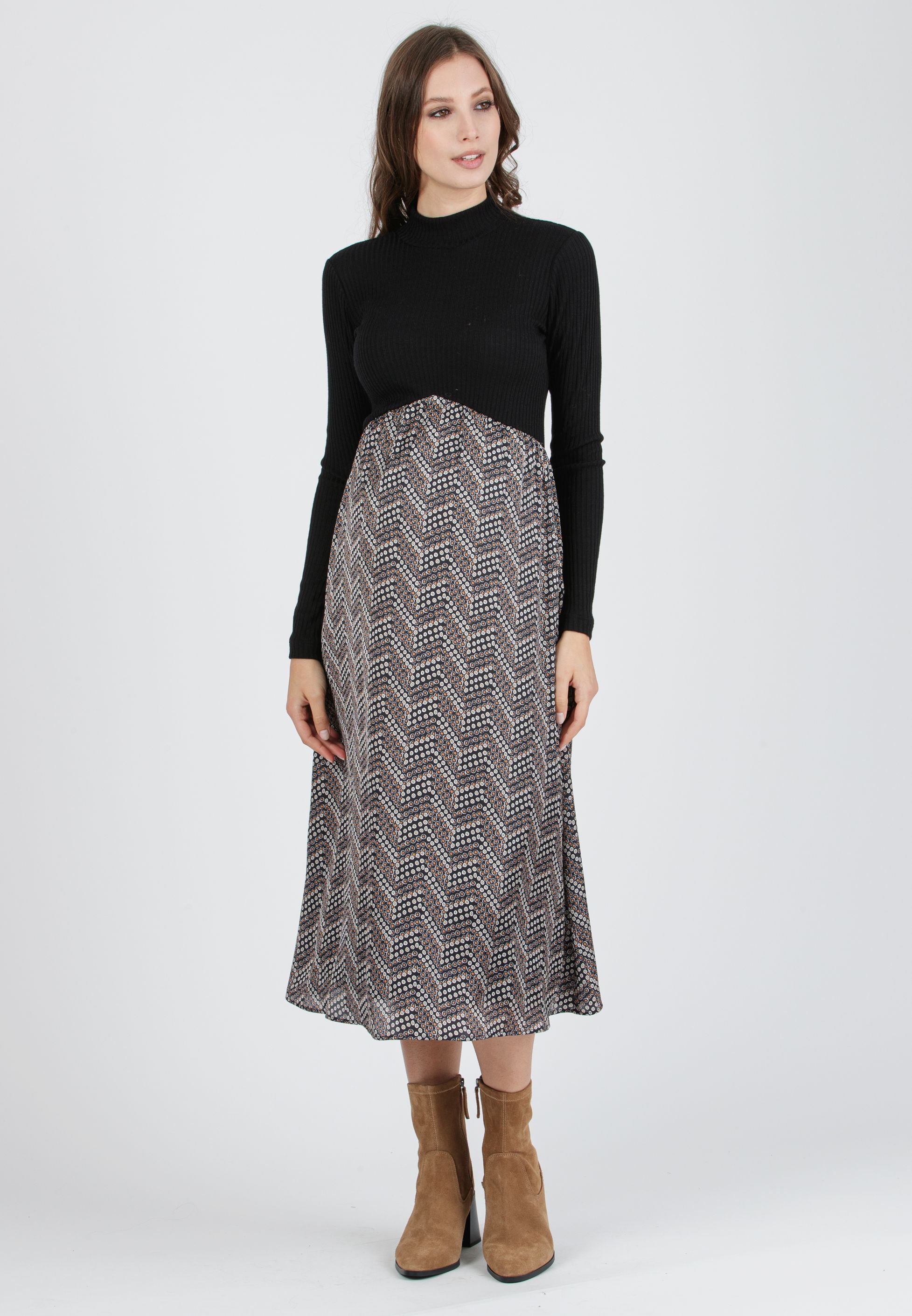 ANASTASIA MIDI - Midi Maternity Dress in Ribbed Knit and Printed Satin (Black, XS)