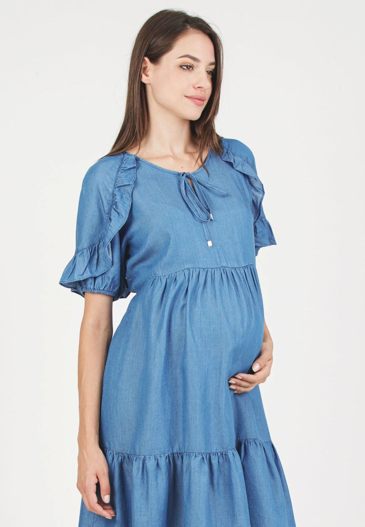 TINA J - Abito Premaman in Tencel con Volant (Denim, XS)