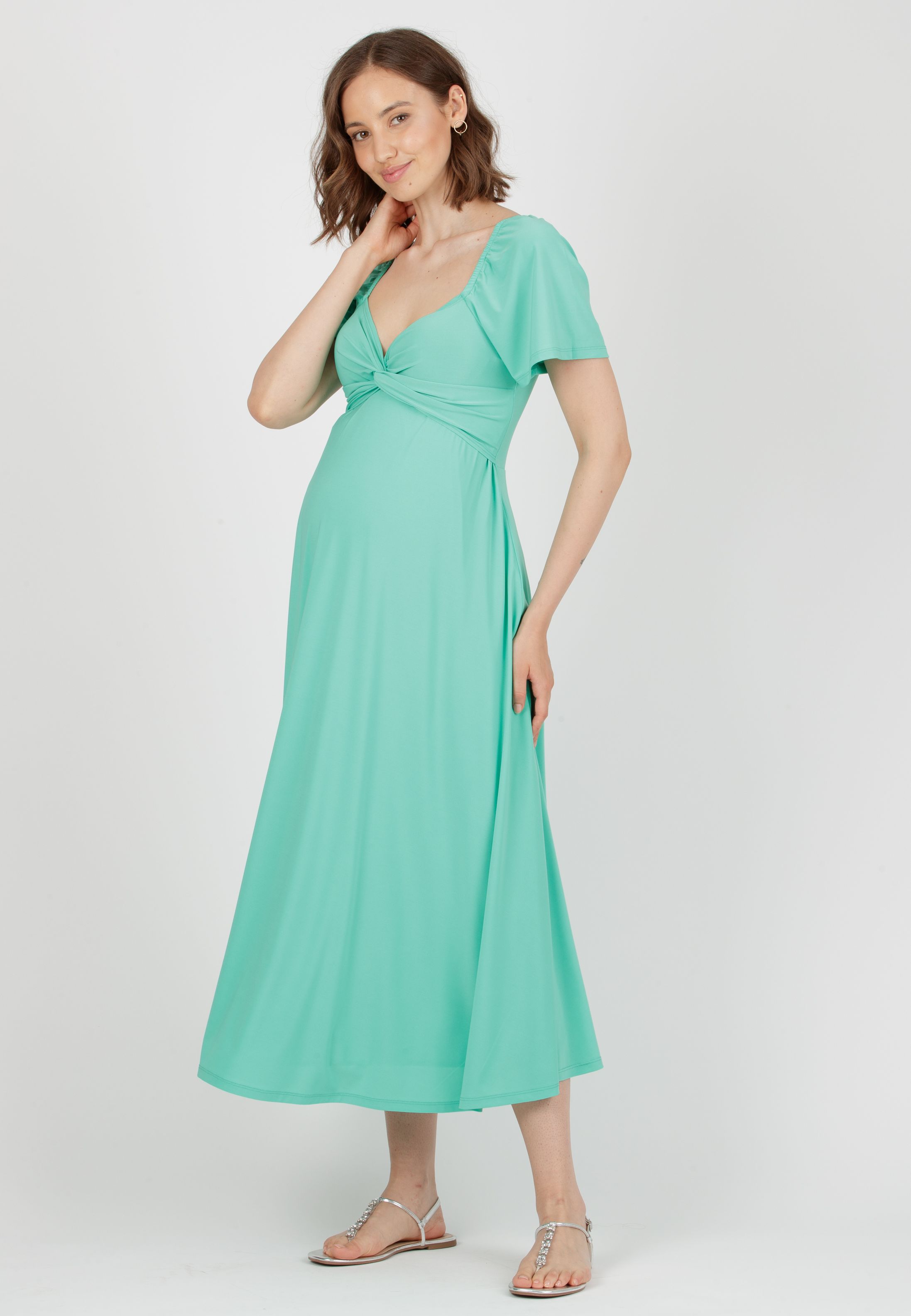 ESTELLE - Maternity & Nursing Dress with Sweetheart Neckline and Flared Midi Skirt (Verde Chiaro)