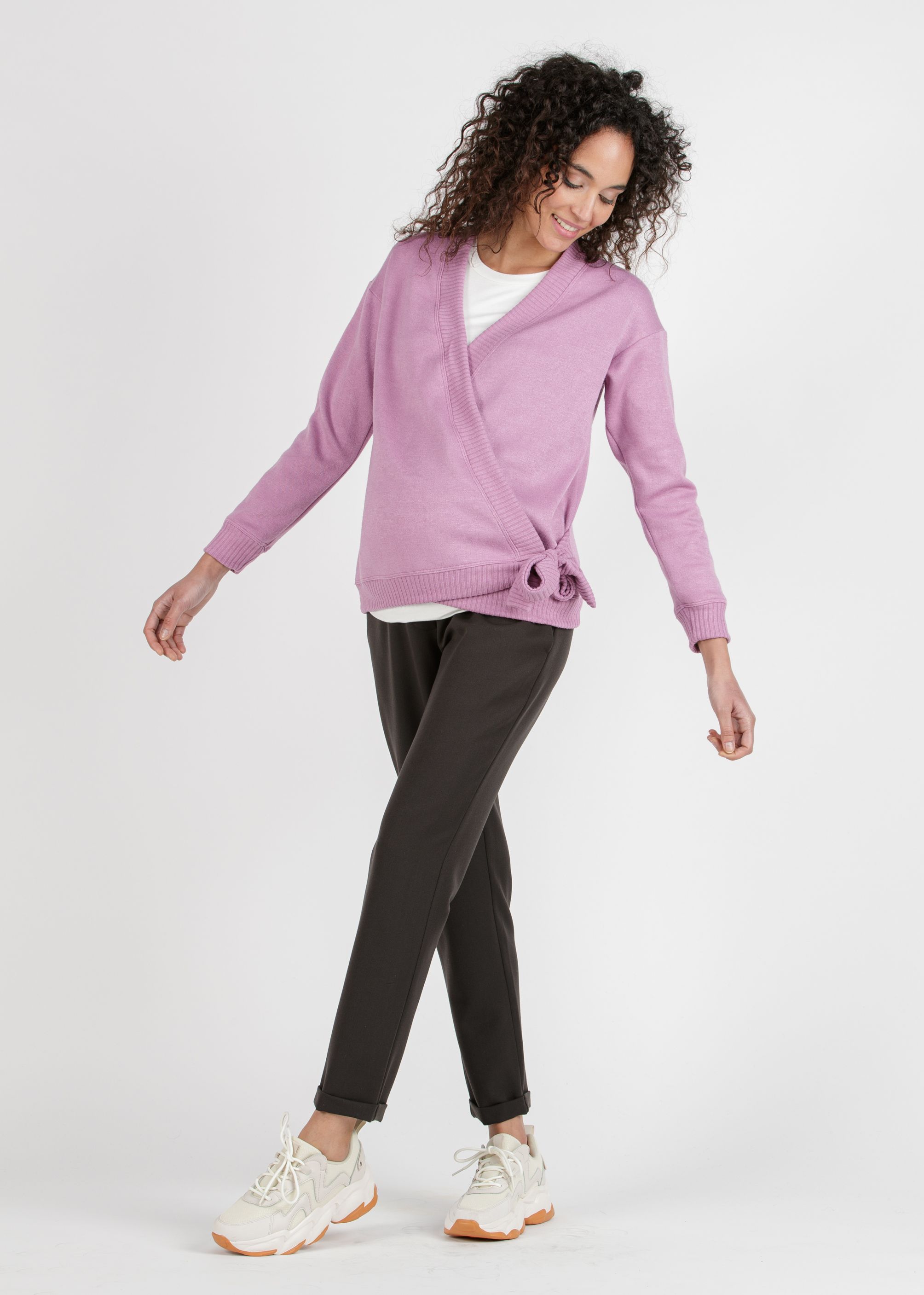 CARMEN - Cardigan Premaman Incrociato in Filato Misto Viscosa (Glicine, XS)
