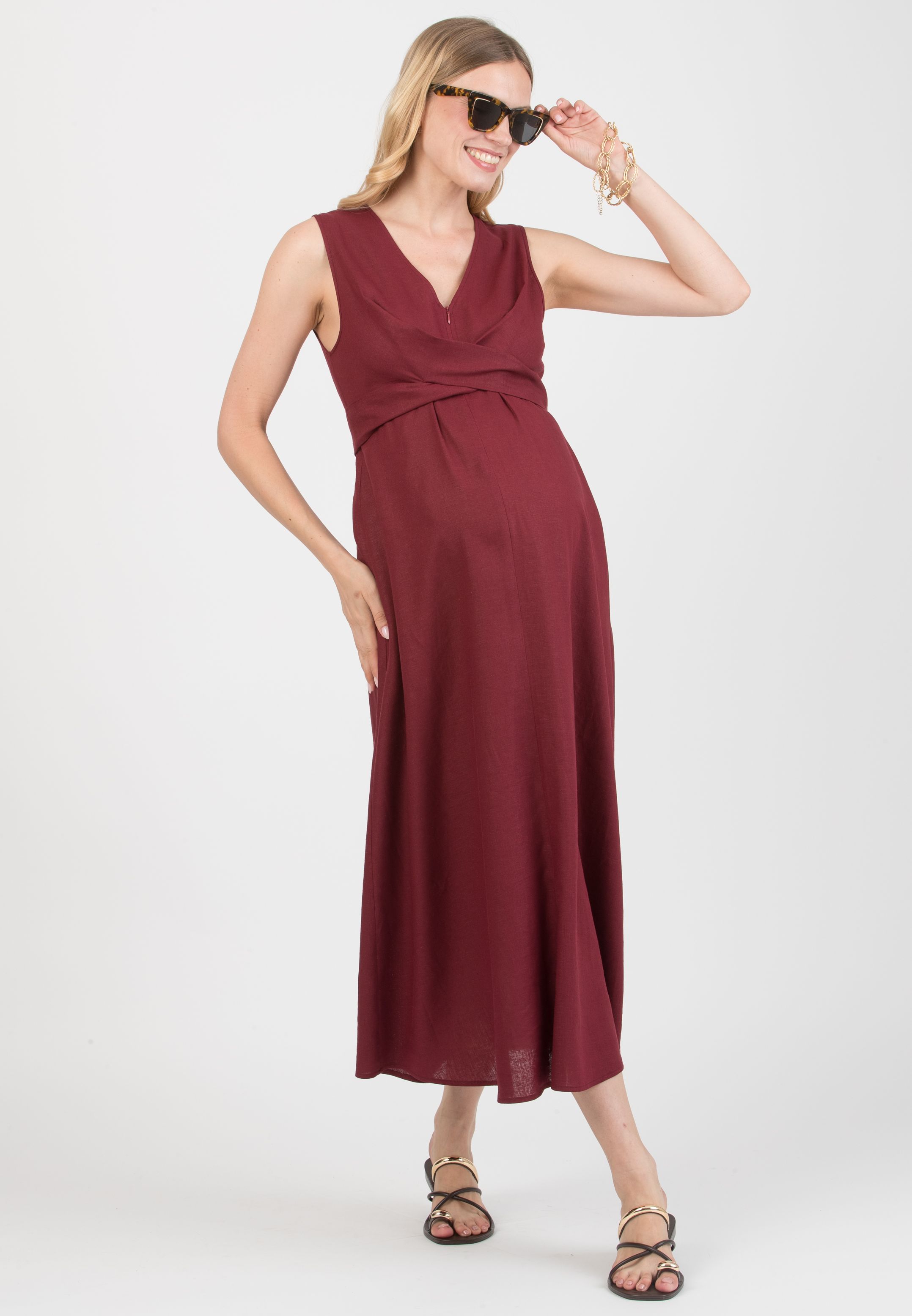 ANNALISA - Abito Premaman & Allattamento in Lino con Fusciacche incrociate (Bordeaux)