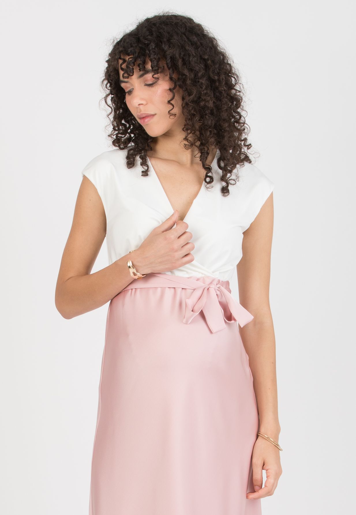 DILETTA – Maternity & Nursing Dress with Crossover Bodice and Satin Skirt (Cipria)