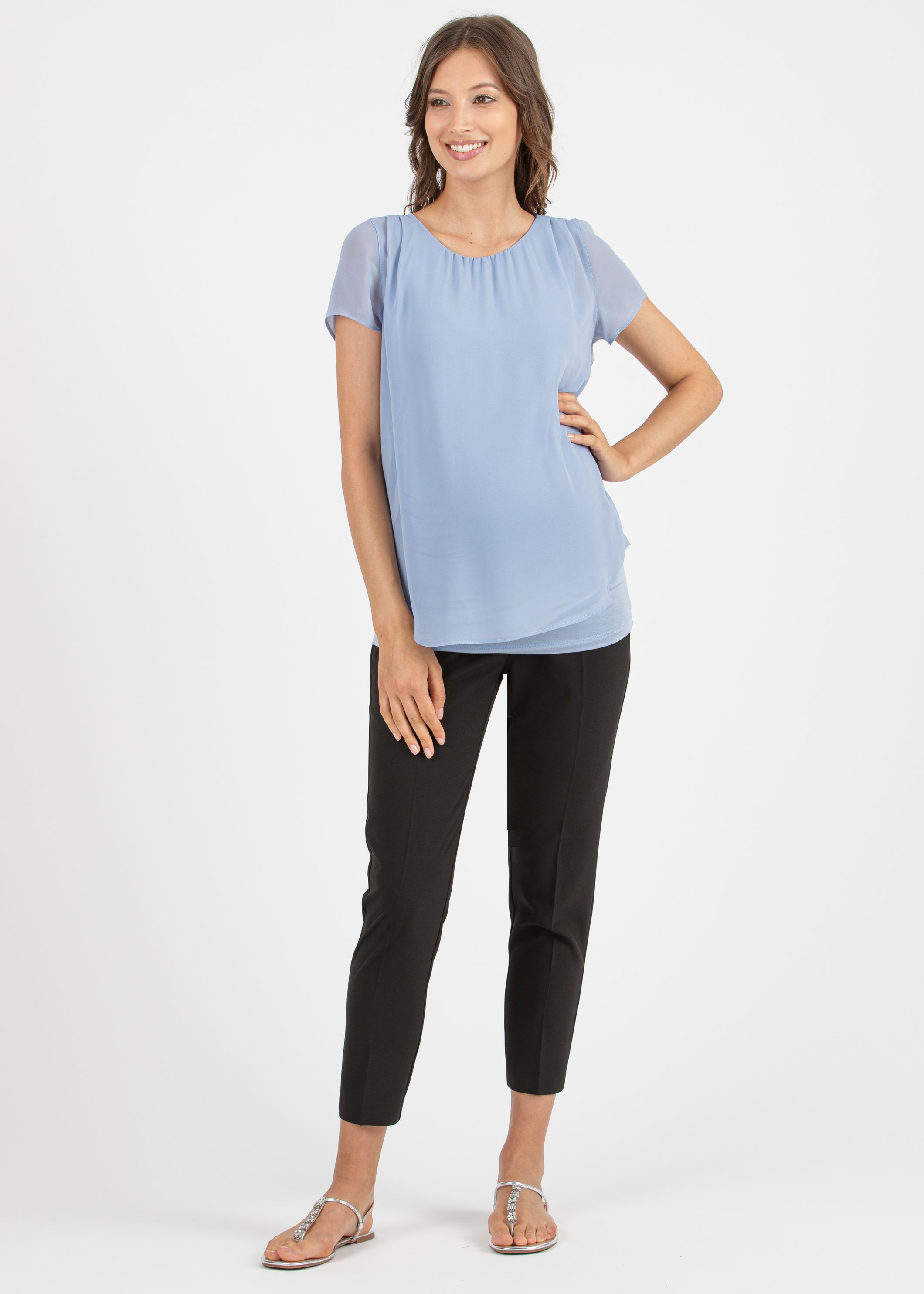 LAURA - Double Layer Maternity T-Shirt in Chiffon and Jersey (Grigio Perla , XS)