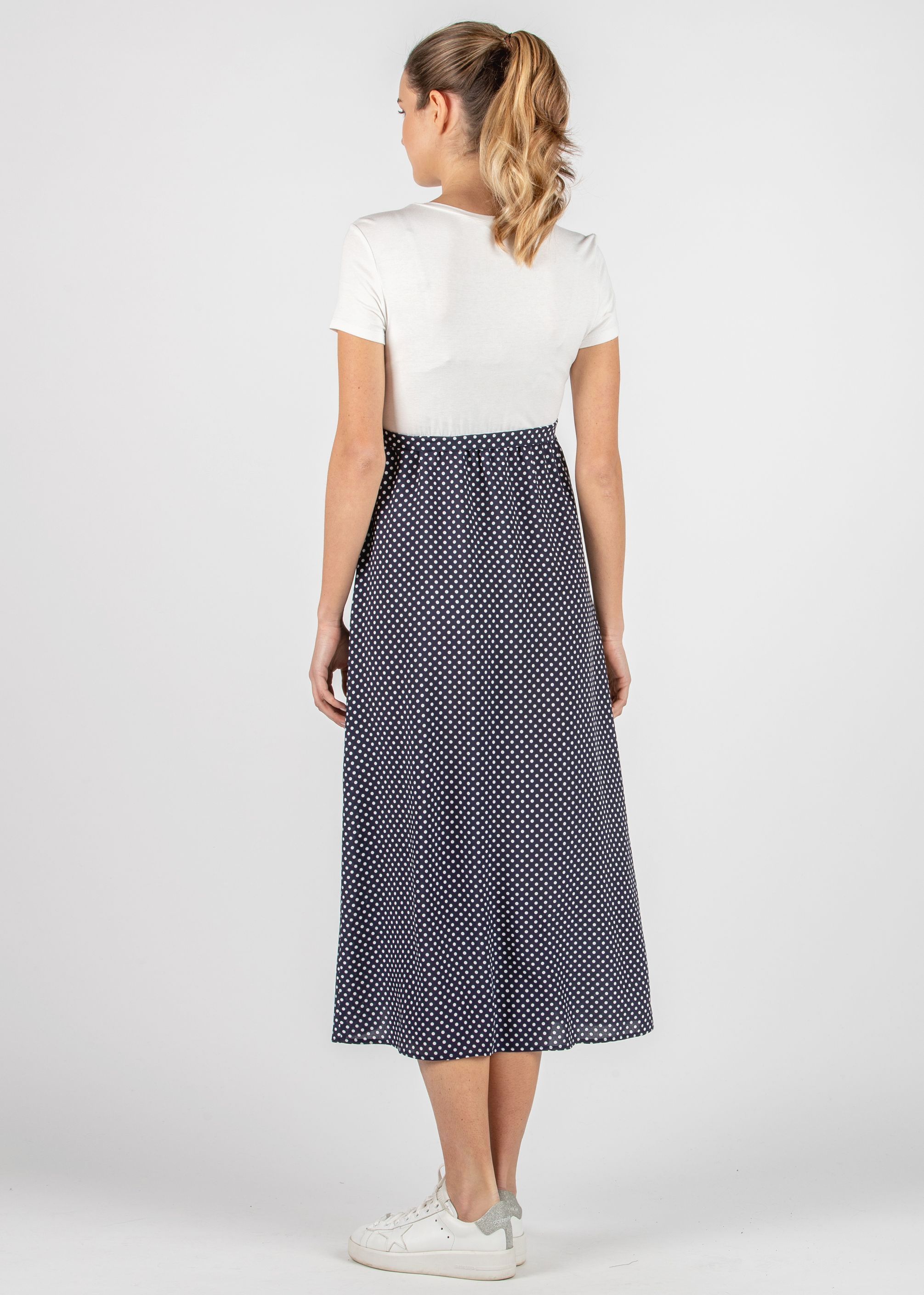 Abito Midi Premaman con Gonna a Pois a Portafoglio (Blu)