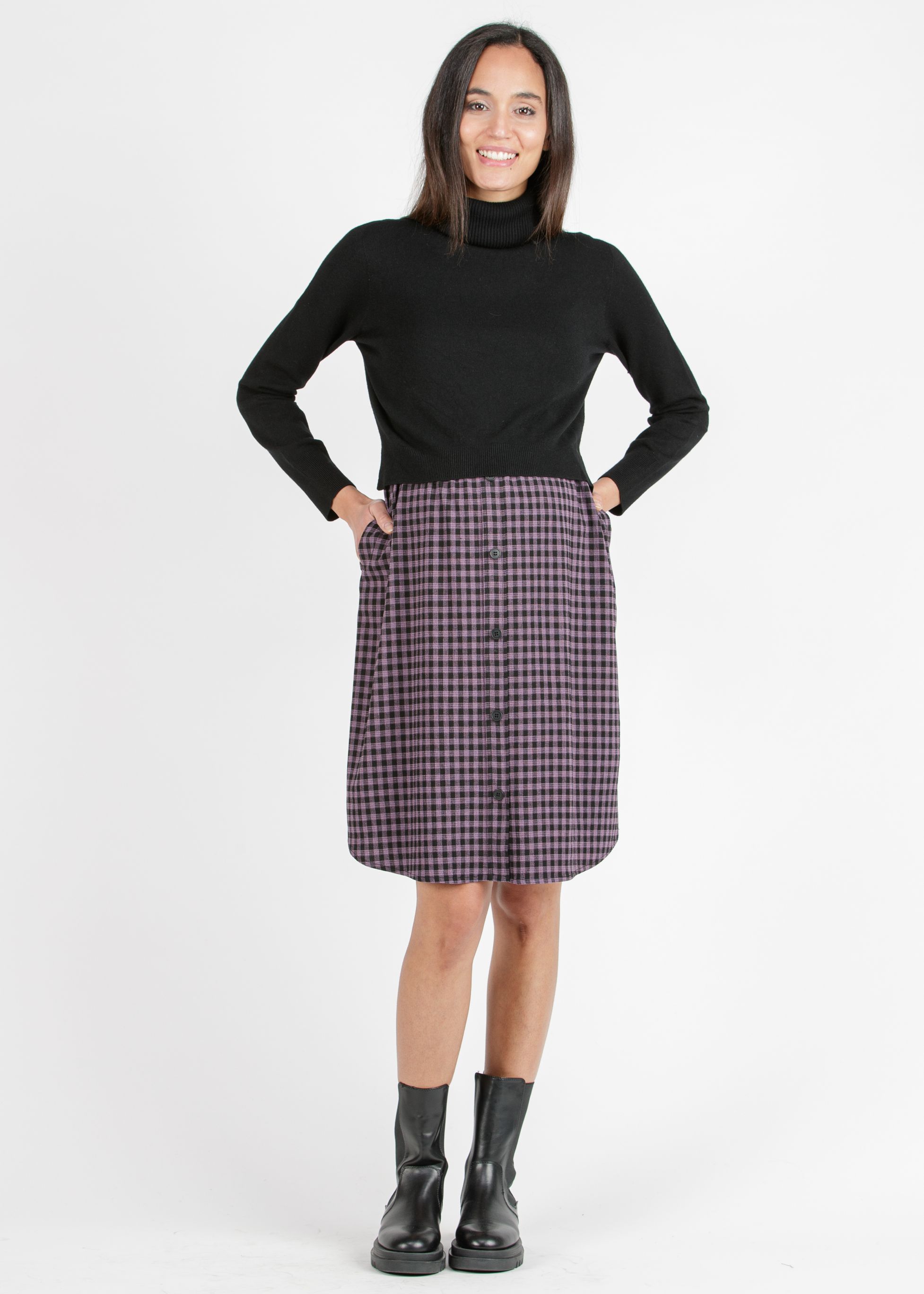 Maternity & Nursing Dress with Check Print and Matching Sweater (Glicine, XS)