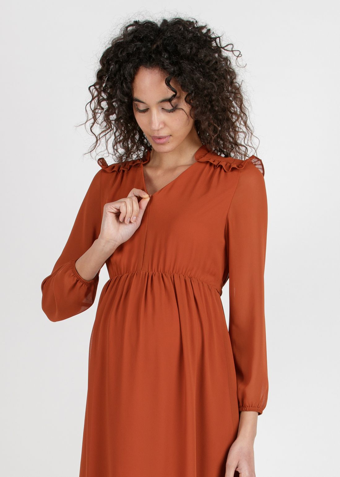 MINDY - Abito Premaman & Allattamento in Chiffon con Spalle Decorate (Coccio, XS)