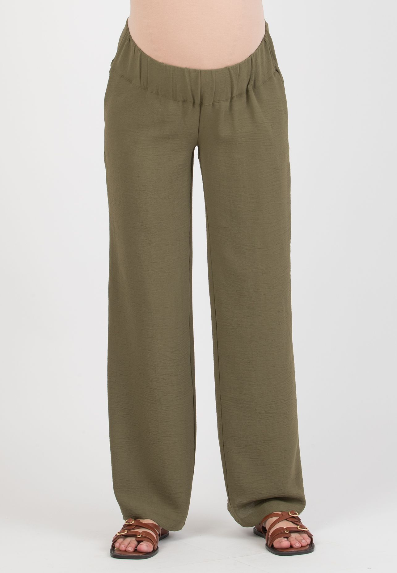 INES - Pantalone Premaman Fluido con Vita Bassa (Verde Militare)