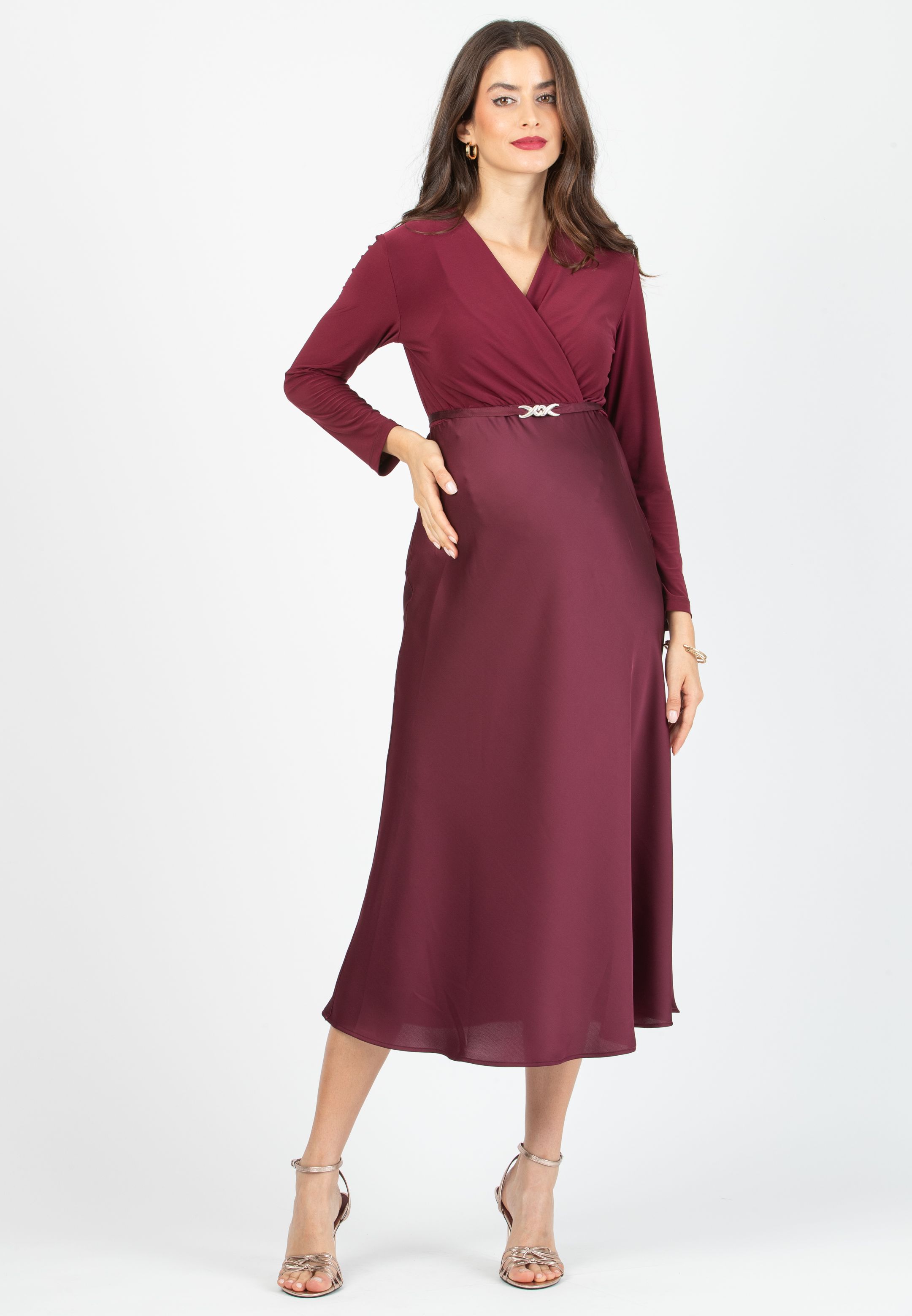 DILETTA M/L - Maternity & Nursing Dress with Crossover Bodice and Satin Skirt (Bordeaux)