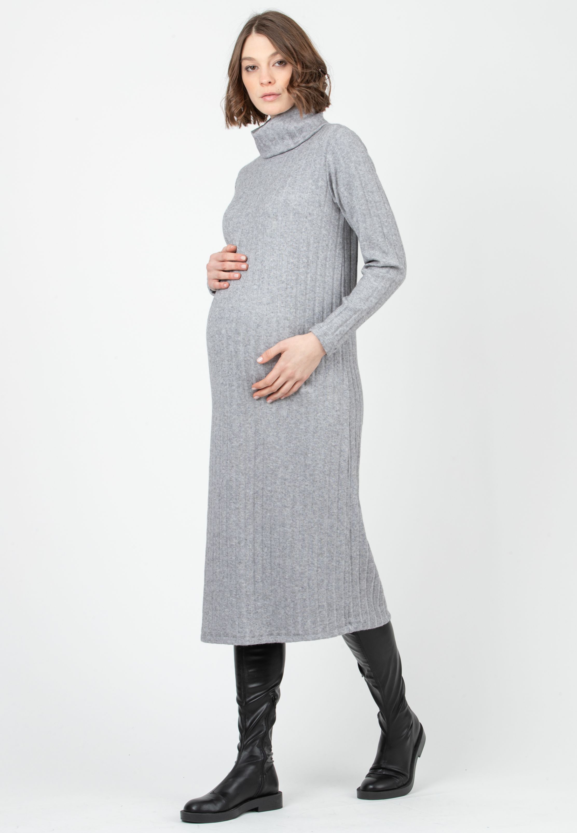 SHEILA MIDI - Abito Midi Premaman in Maglia a Coste Larghe (Grigio Melange)