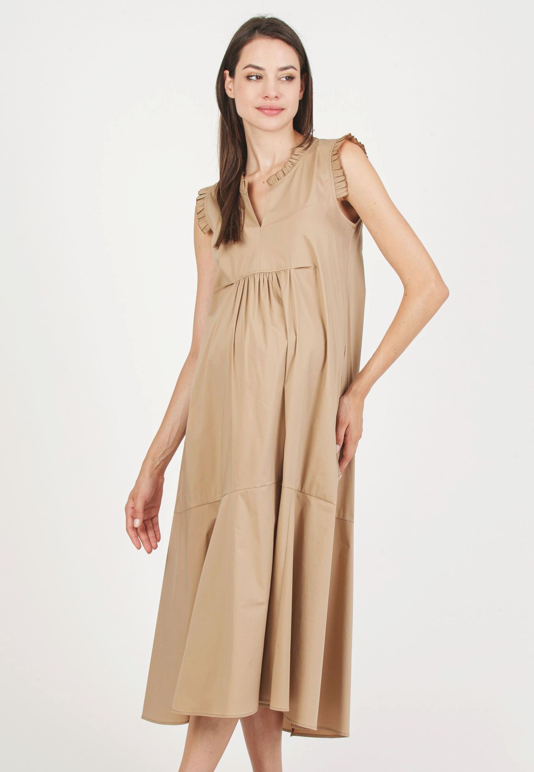 SOFIA MIDI - Maternity Midi Dress in Cotton Poplin with Ruffles (Camel, XS)