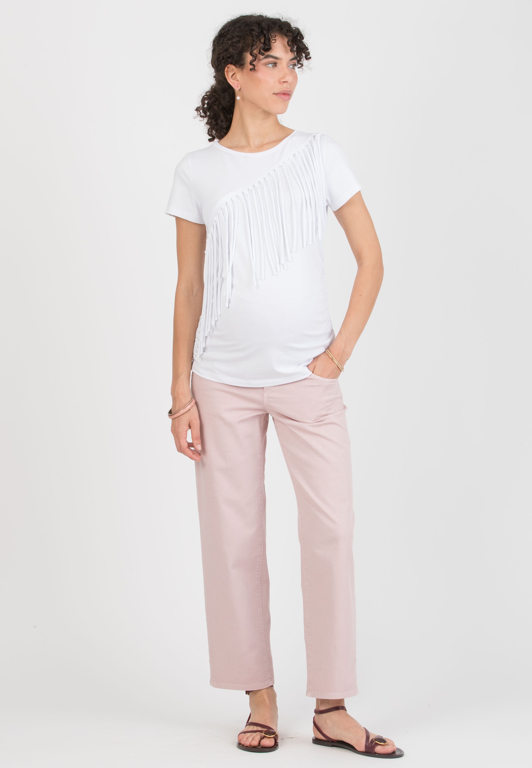 ARYNA - T-shirt Premaman in Cotone con Frange (Bianco Ottico, XS)