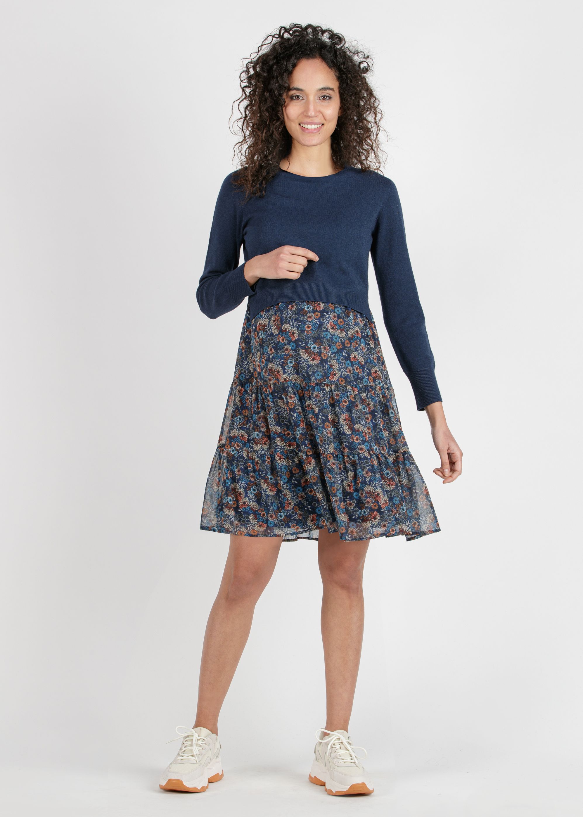 KELLY B - Floral Printed Maternity & Nursing Dress with Coordinated Boat Neck Sweater (Blu)