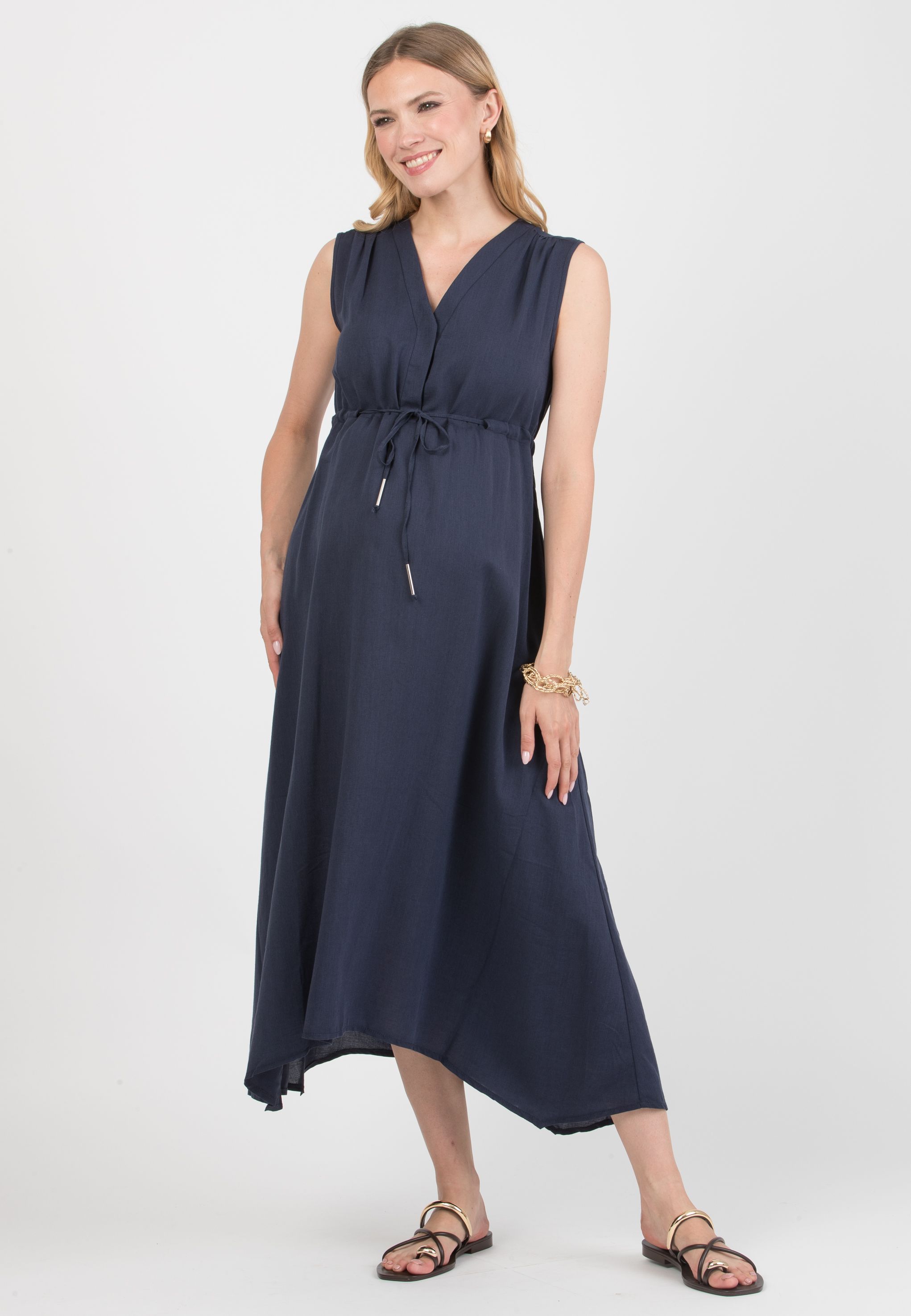 IRENE - Midi Maternity & Nursing Dress in Tencel with Drawstring (Blu)