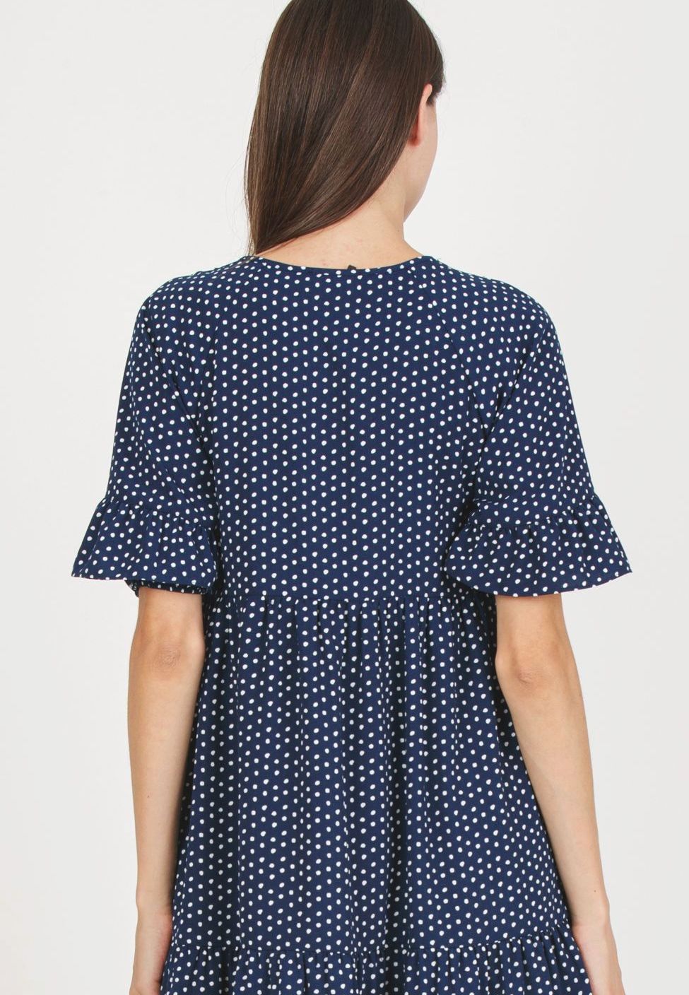TINA - Maternity & Nursing Dress with Ruffles on the Sleeves and Flounced Skirt (Blue, XS)