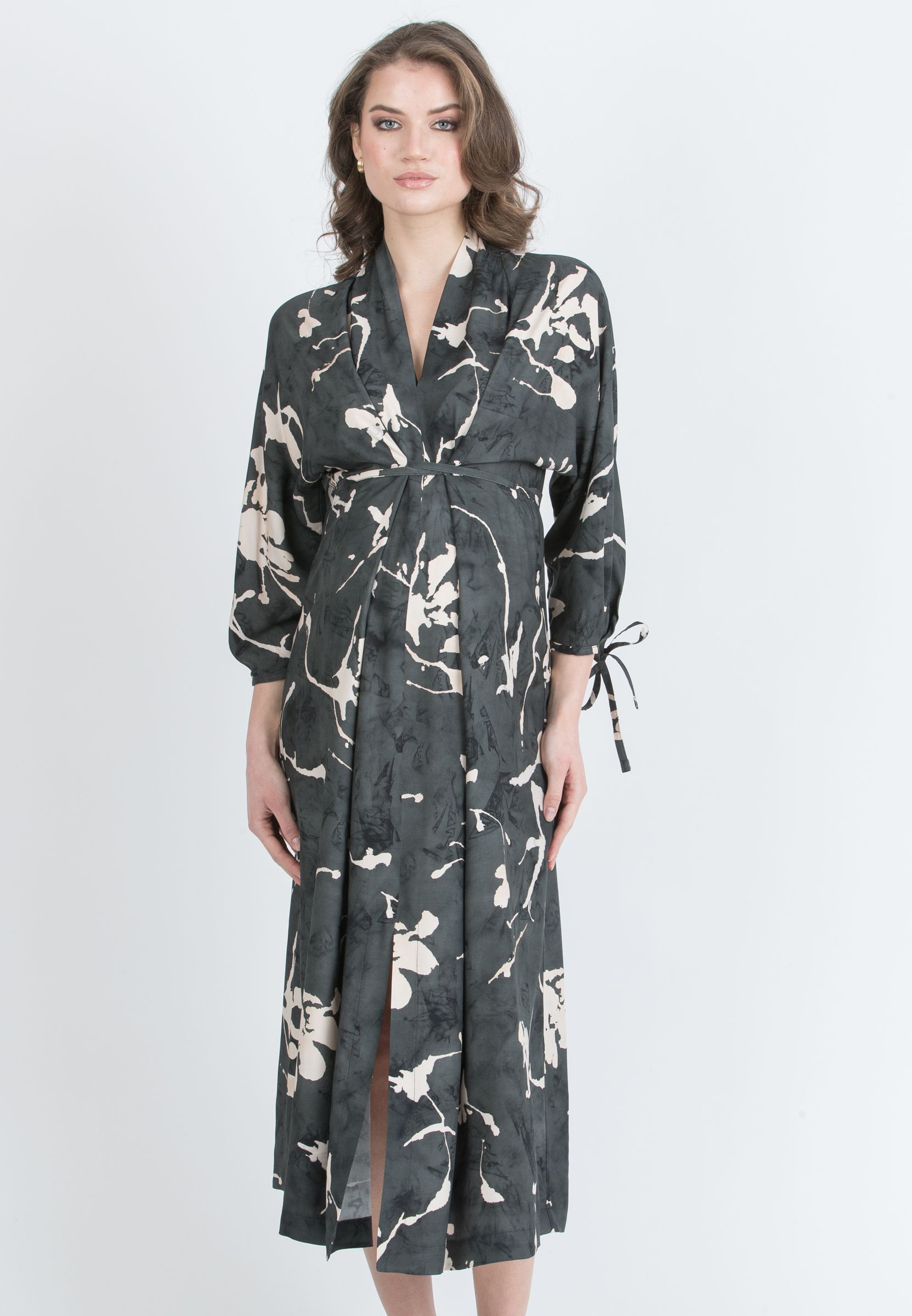 VIOLA – Maternity Kimono Dress in Viscose with Ties (Nero)