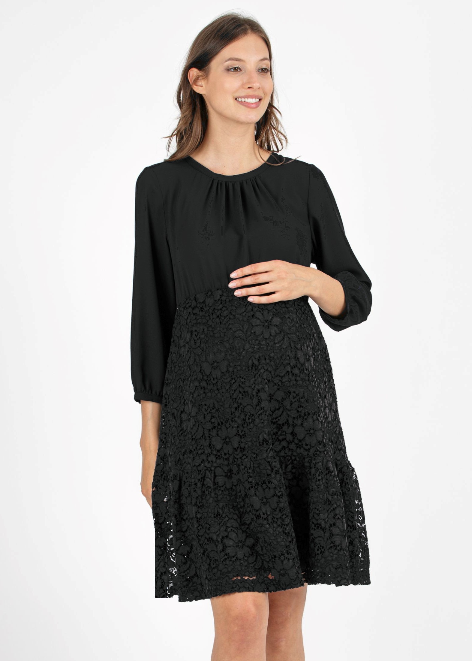 A-line Maternity Dress in Chiffon and Lace with Flounce (Black, XS)