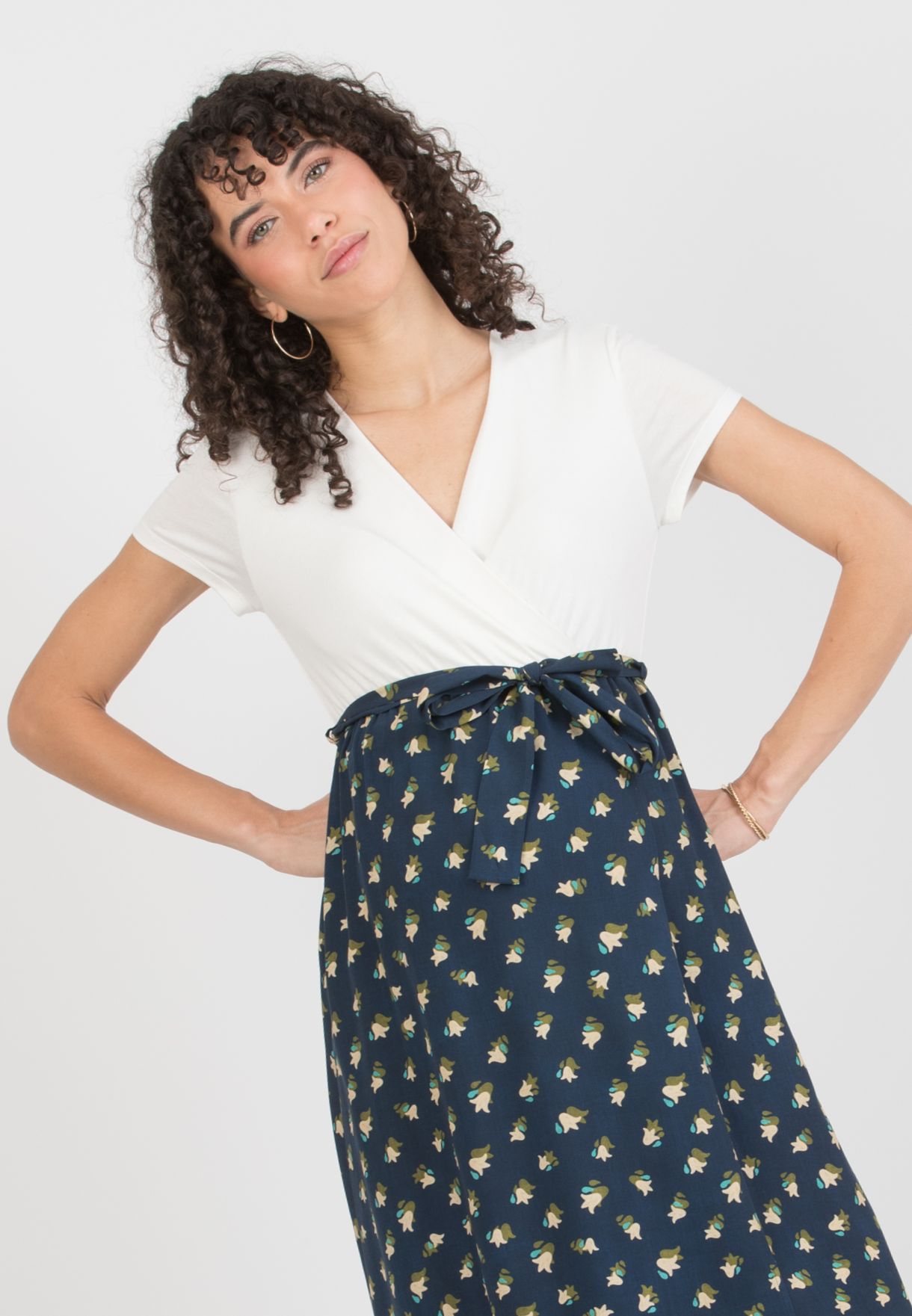 FEDERICA - Maternity Midi Dress with Crossed Neckline and Viscose Wrapped Skirt (Blu)