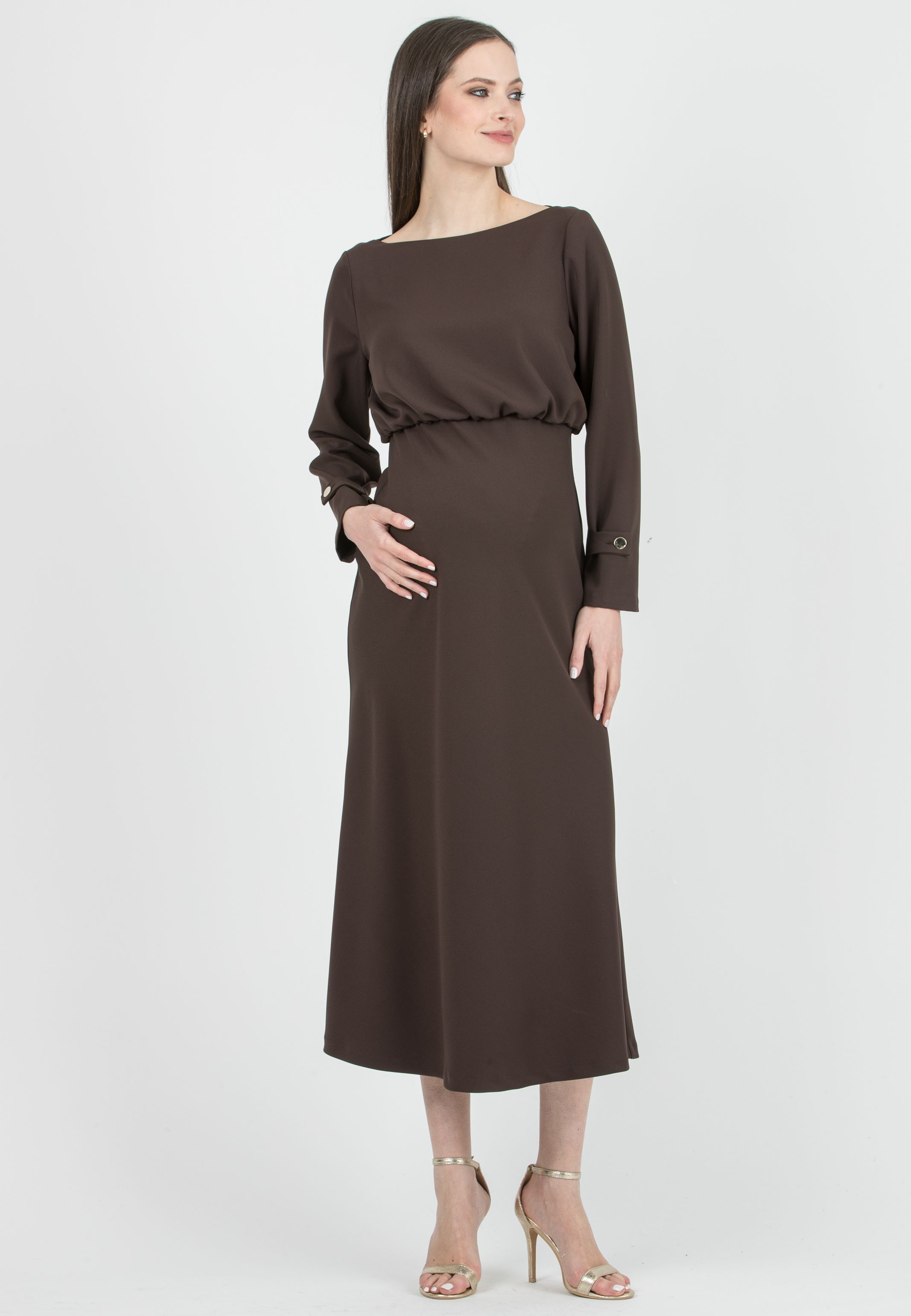 CHANTAL - Maternity Dress with Boat Neckline and Bias Cut Skirt (Marrone)