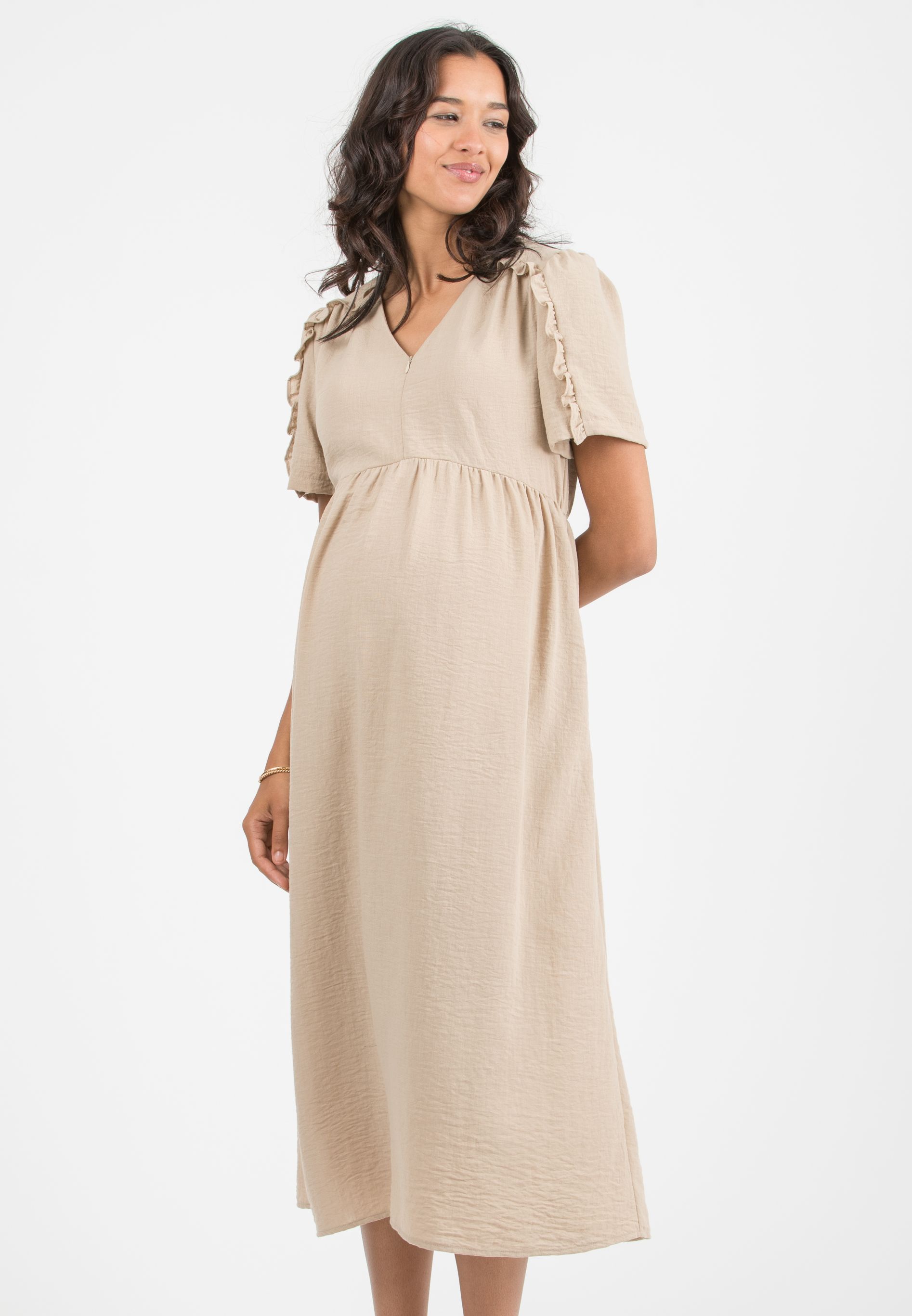 MERYL - Maternity & Nursing Dress with Ruffle Sleeves (Beige, XS)