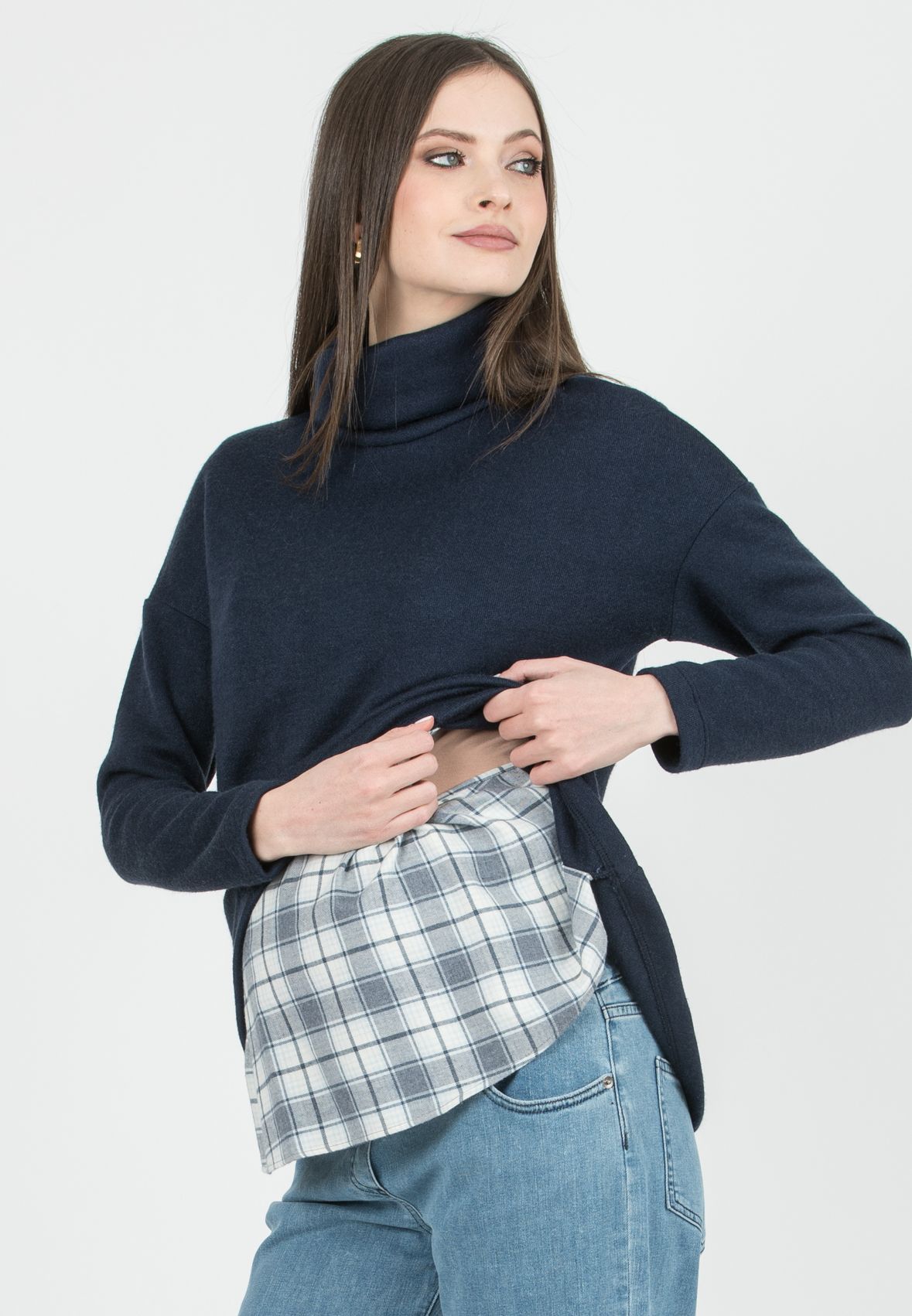 ASTRID - Maternity & Nursing Turtleneck Sweater with Shirt Insert (Blu)