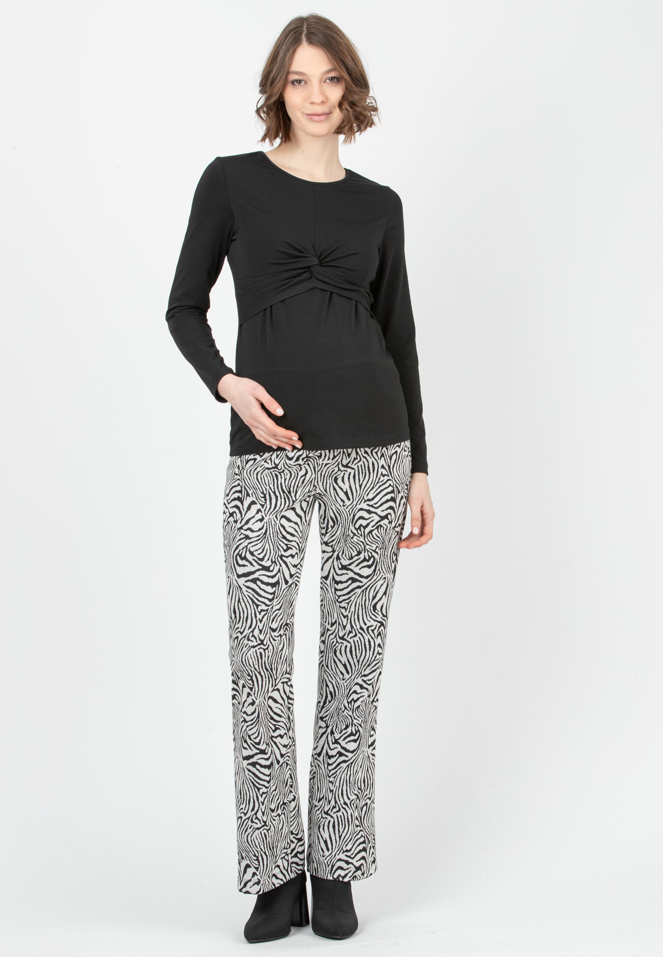 RAMONA J - Maternity Flared Trousers in Jacquard Fabric (Black, XS)