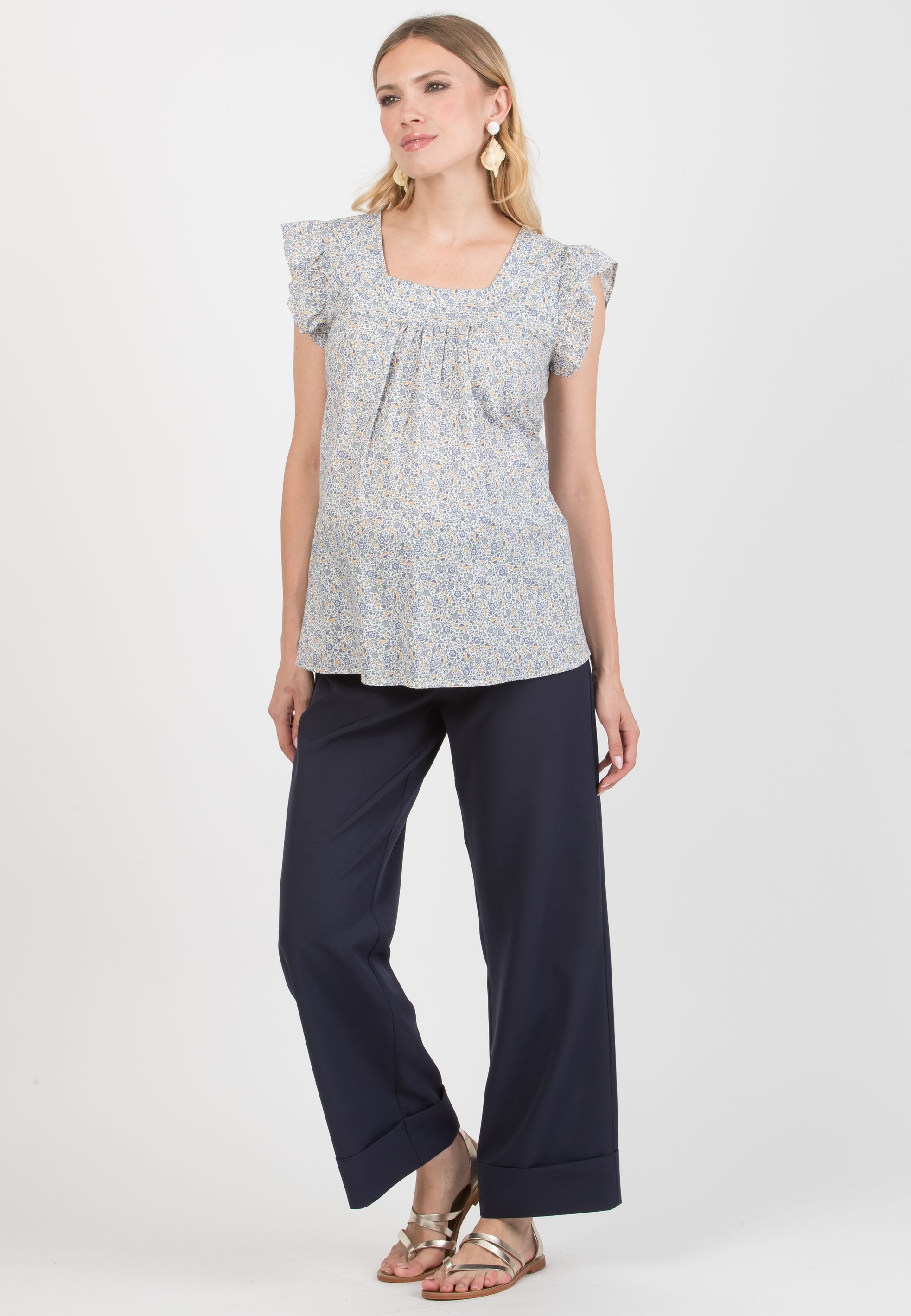 ROBY – Maternity Palazzo Trousers in Cady with Turn-Up Hem (Blu)