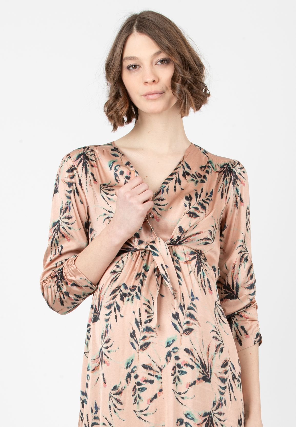 BELEN M/L - Abito Premaman & Allattamento in Raso con Corpino Annodato e Maniche 3/4 (Cipria, XS)