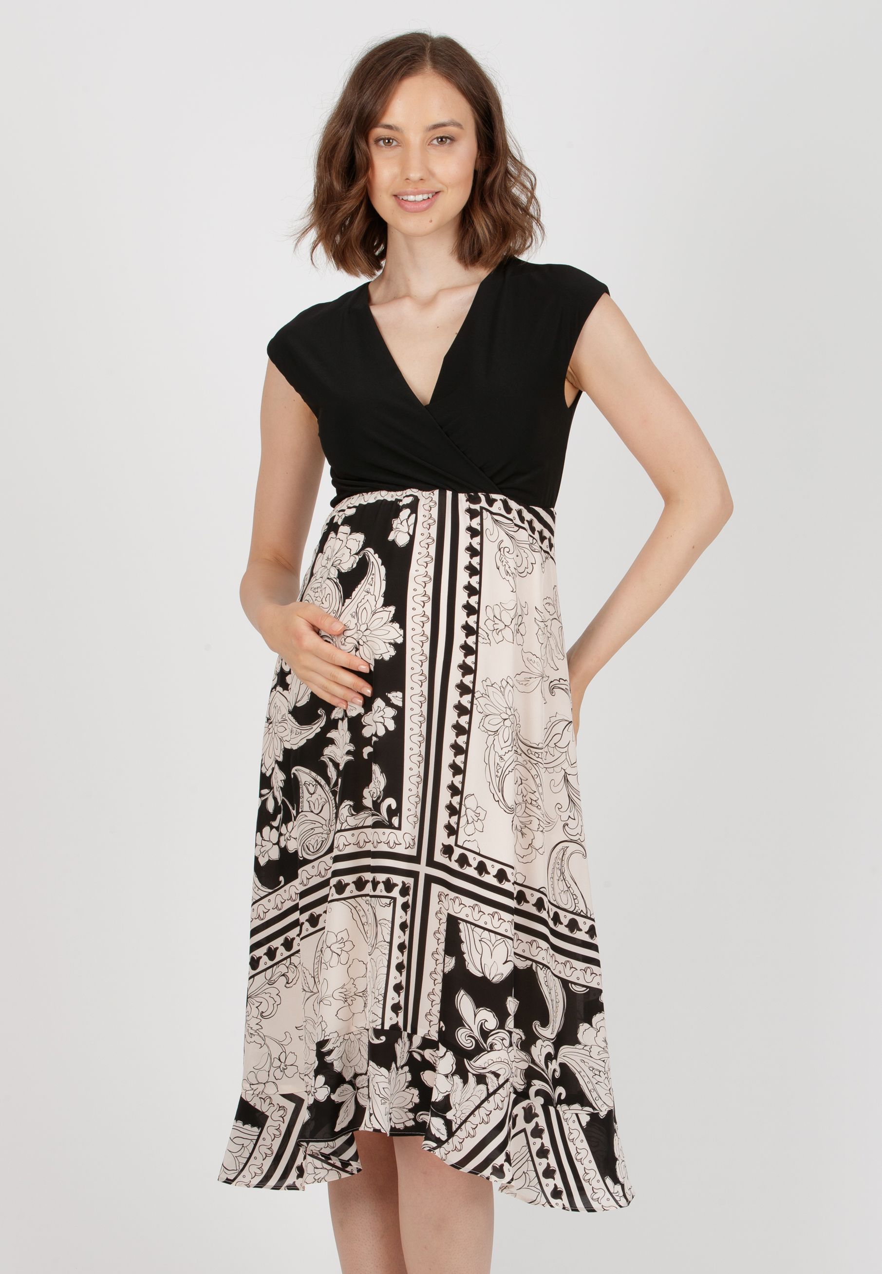 MARTA - Maternity Dress with Printed Skirt (Black, XS)