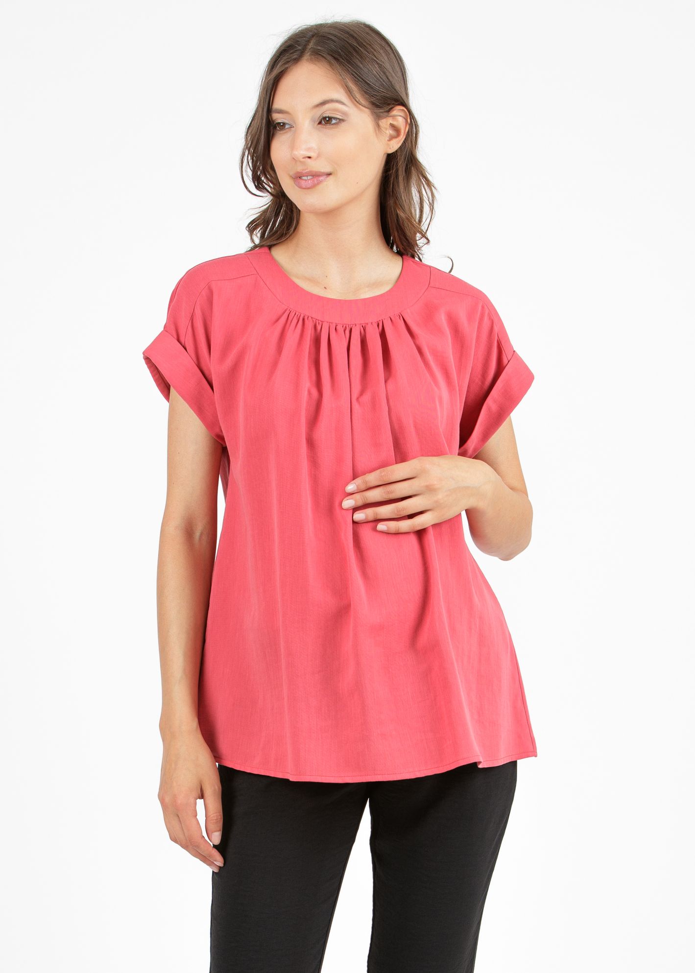 Camicetta Premaman in Tencel con Girocollo Arricciato e Manica con Risvolto (Rosso India, XS)