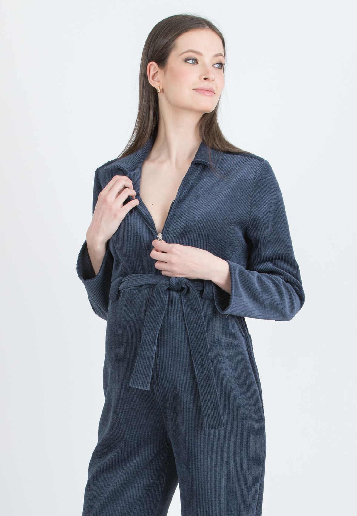 TORY – Maternity Corduroy Jumpsuit with Front Zip and Waist Belt (Blu)