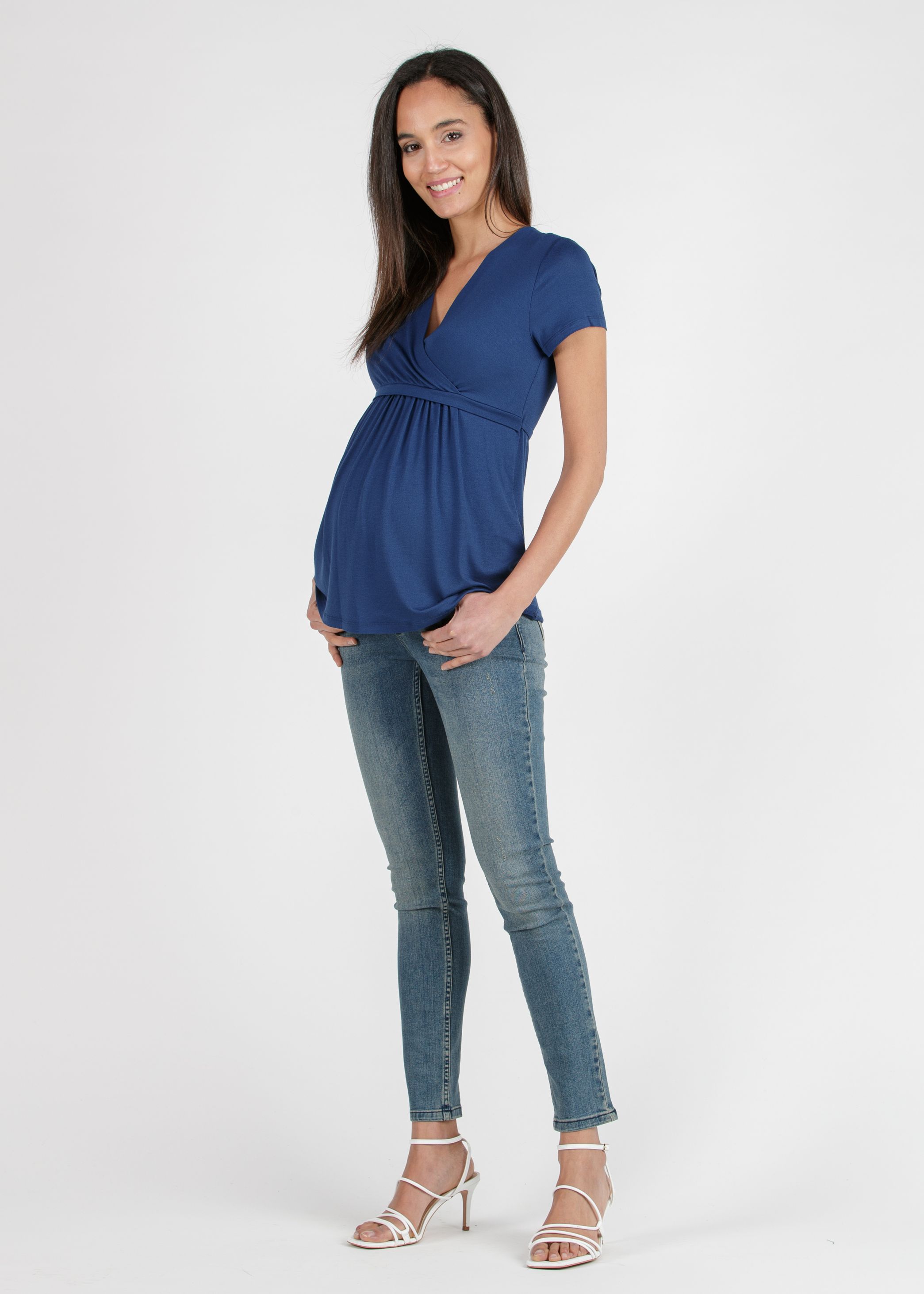 MARGHERITA - Maternity and Nursing Crossover T-shirt with String (Blue, XS)