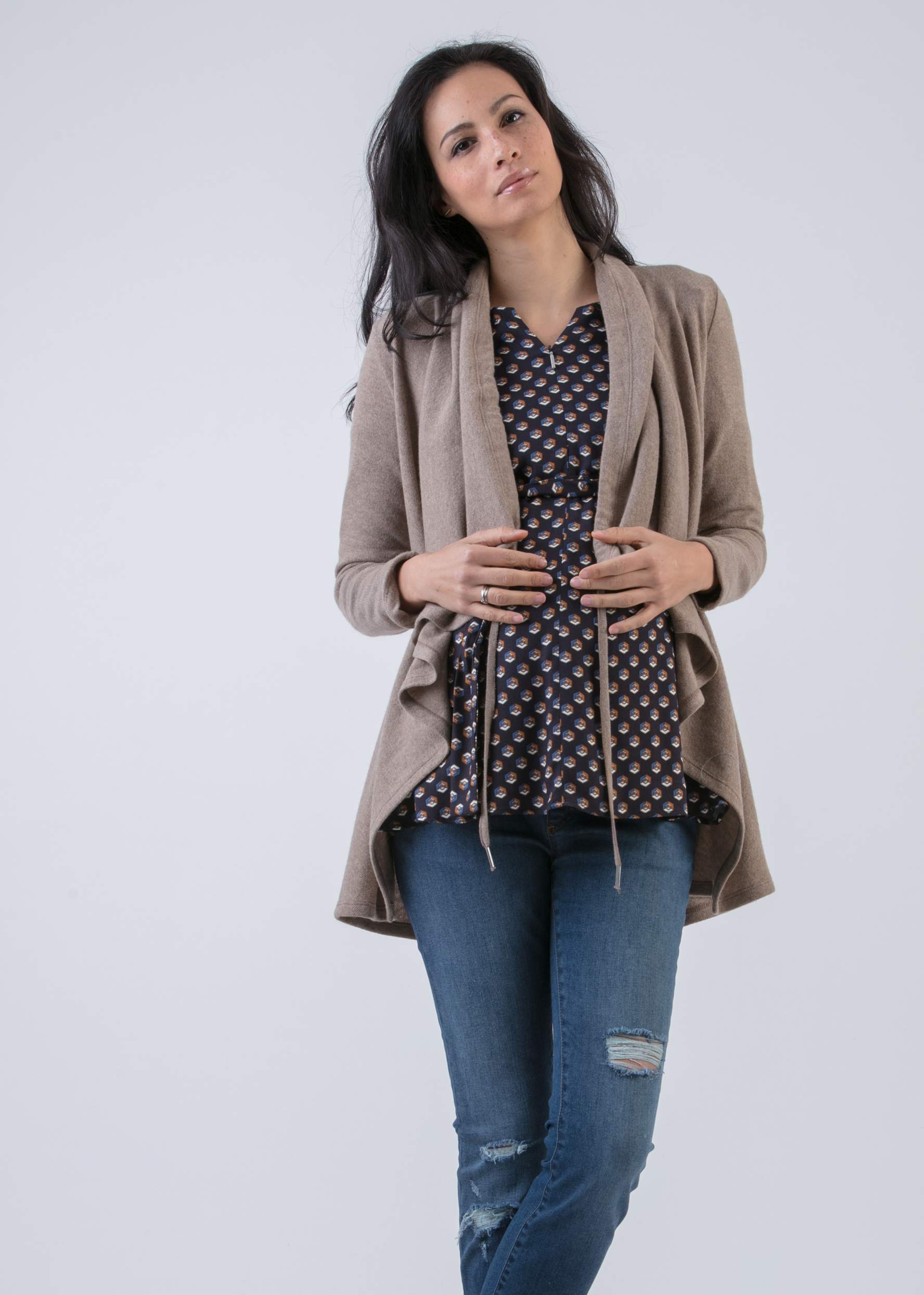 Cowl Neckline Maternity Maxi-Cardigan in Cashmere Blend (Camel, XS)