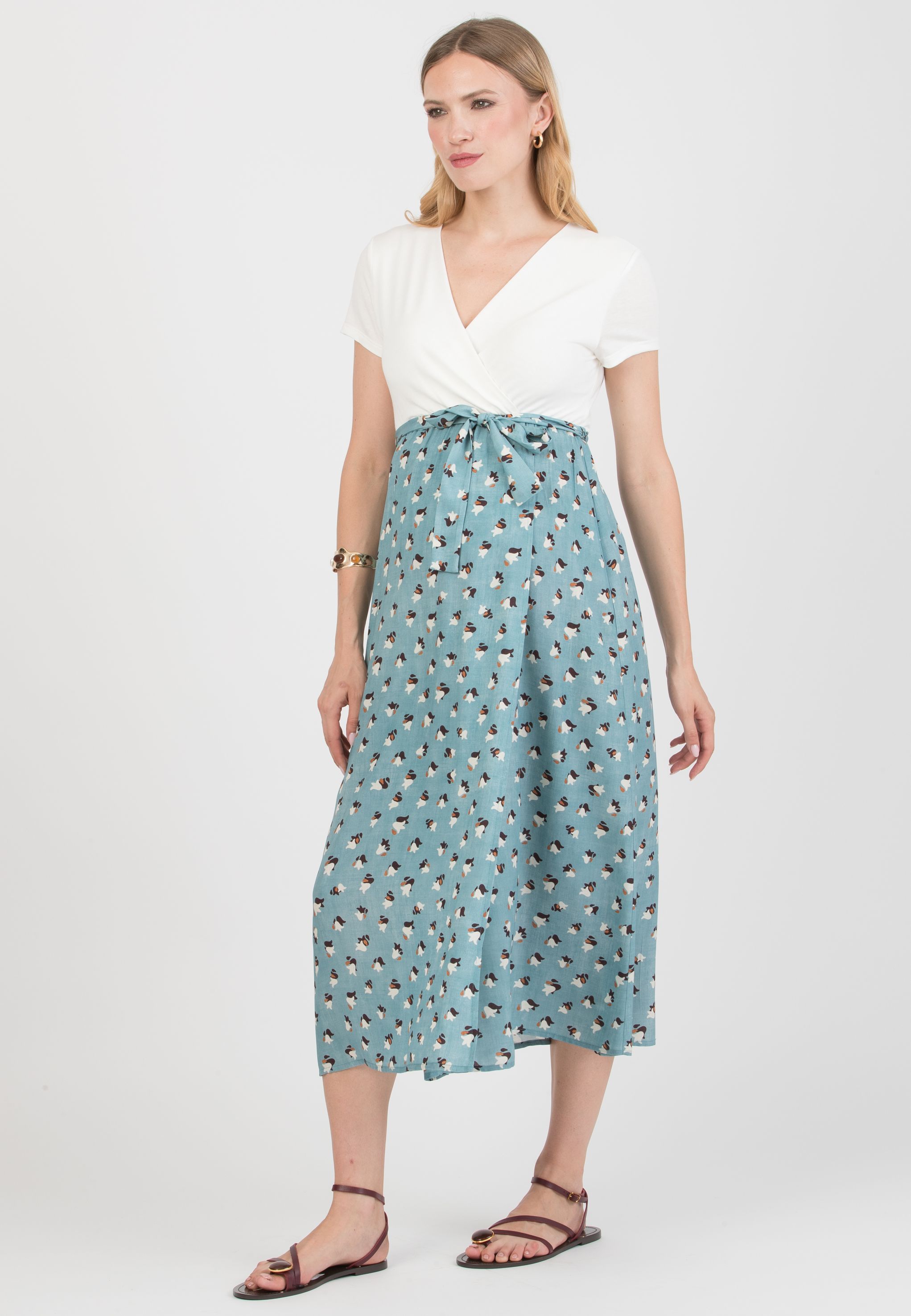 FEDERICA - Maternity Midi Dress with Crossed Neckline and Viscose Wrapped Skirt (Azzurro)