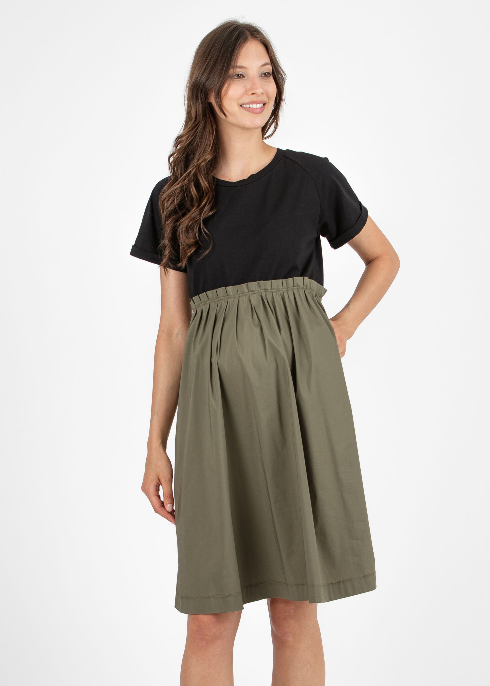 Cotton Maternity Dress with Pleats Around the Waist (Army Green, XS)