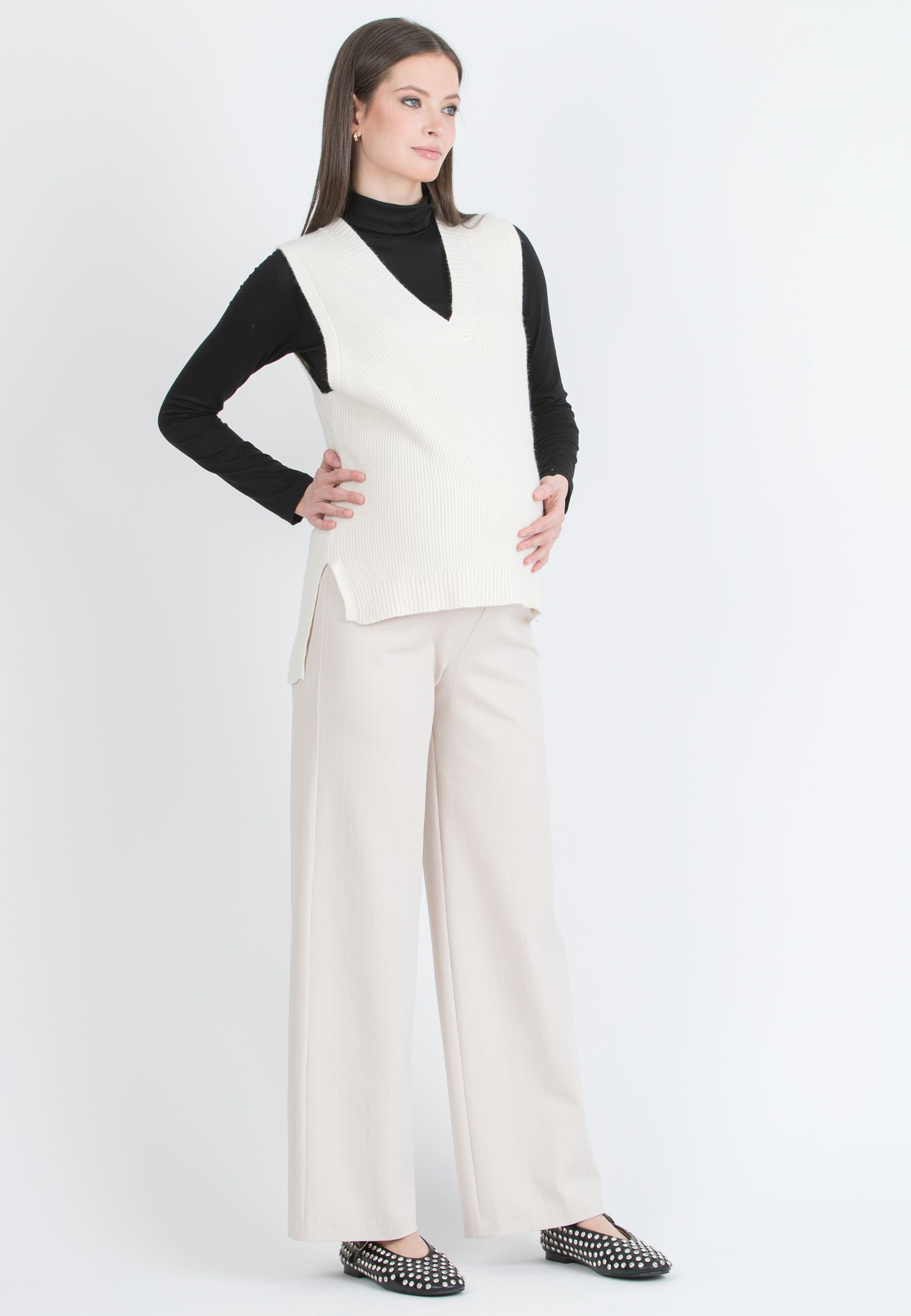 KIMBERLY G - Pantalone Premaman Palazzo in Punto Milano Invernale Gessato (Avorio, XS)