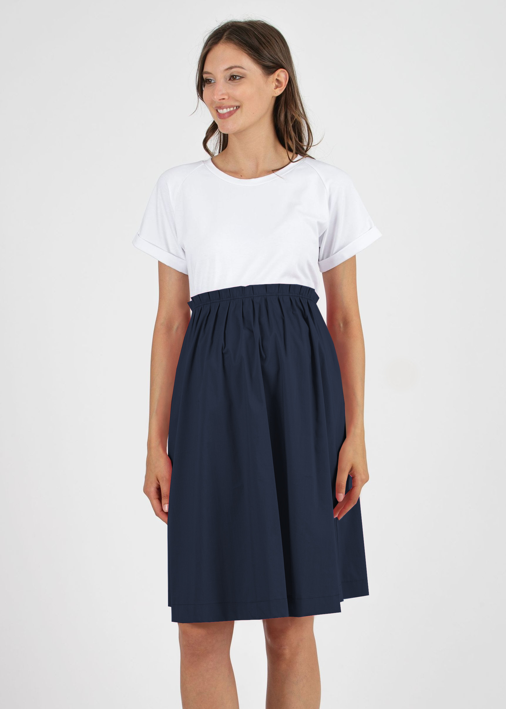 Cotton Maternity Dress with Pleats Around the Waist (Blue, XS)
