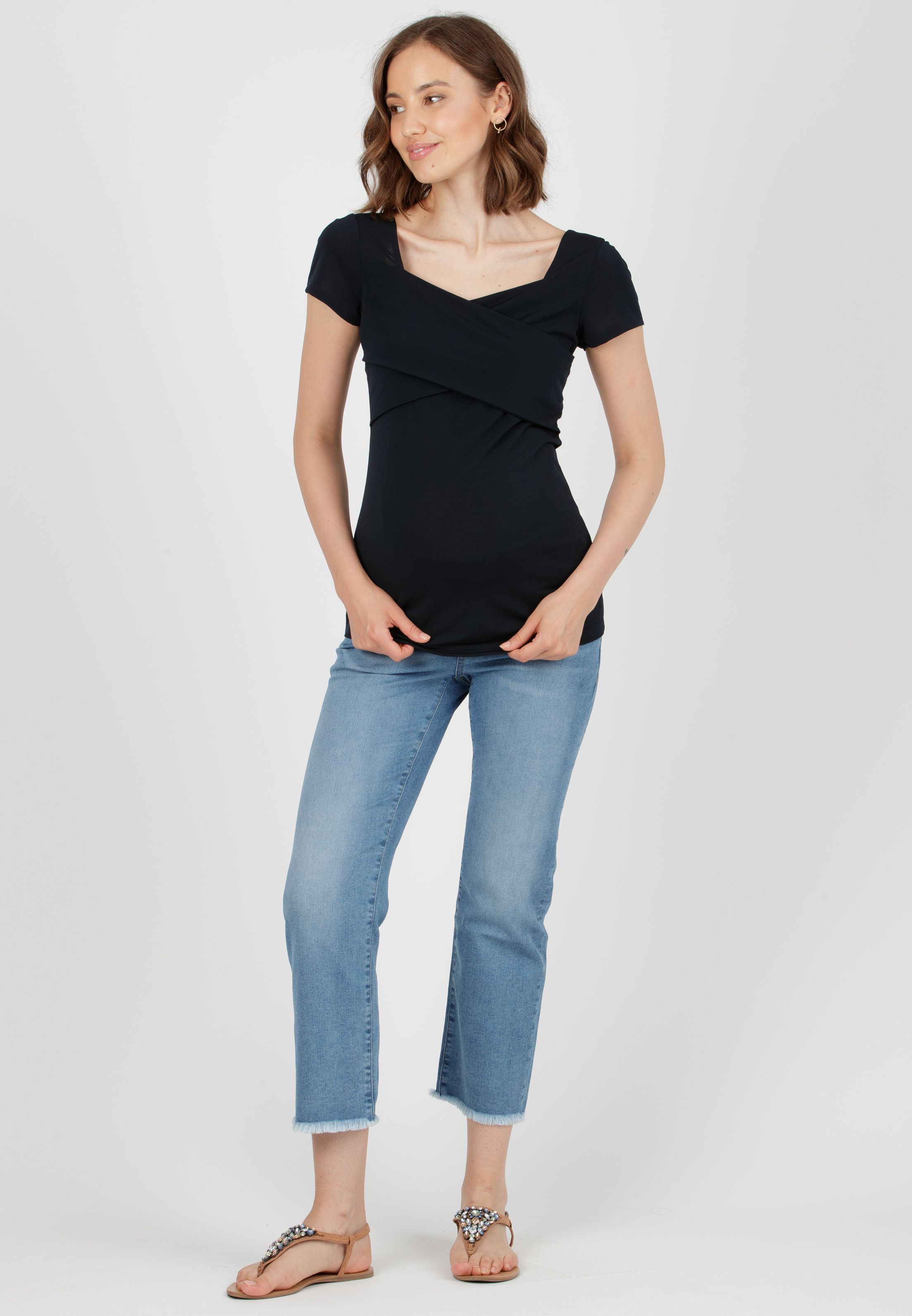 ESTELLE M - Maternity & Nursing Top with Bands on Bodice (Blue, XS)