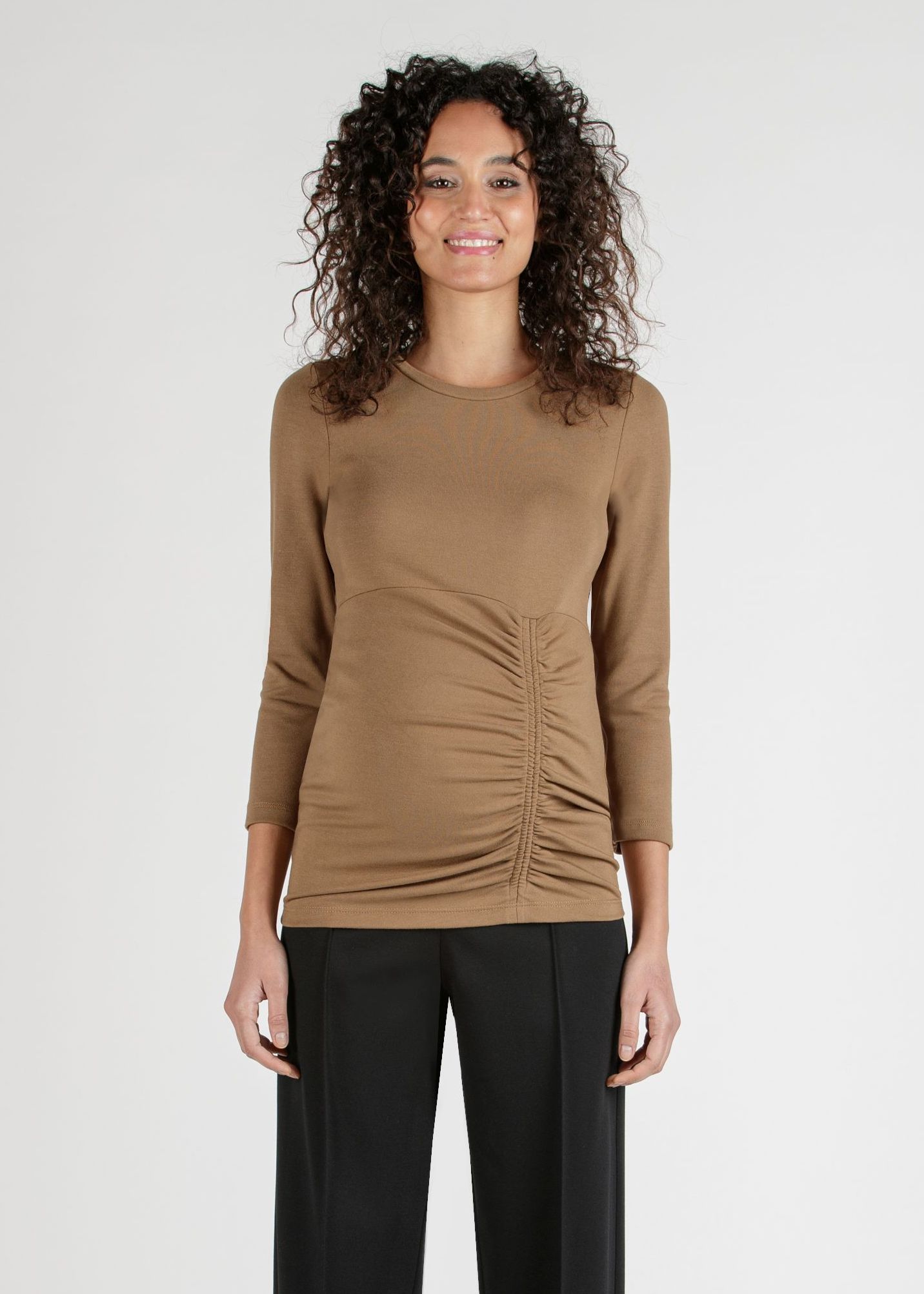 DALILA M - Maglietta Premaman con Arricciatura Laterale (Cammello, XS)