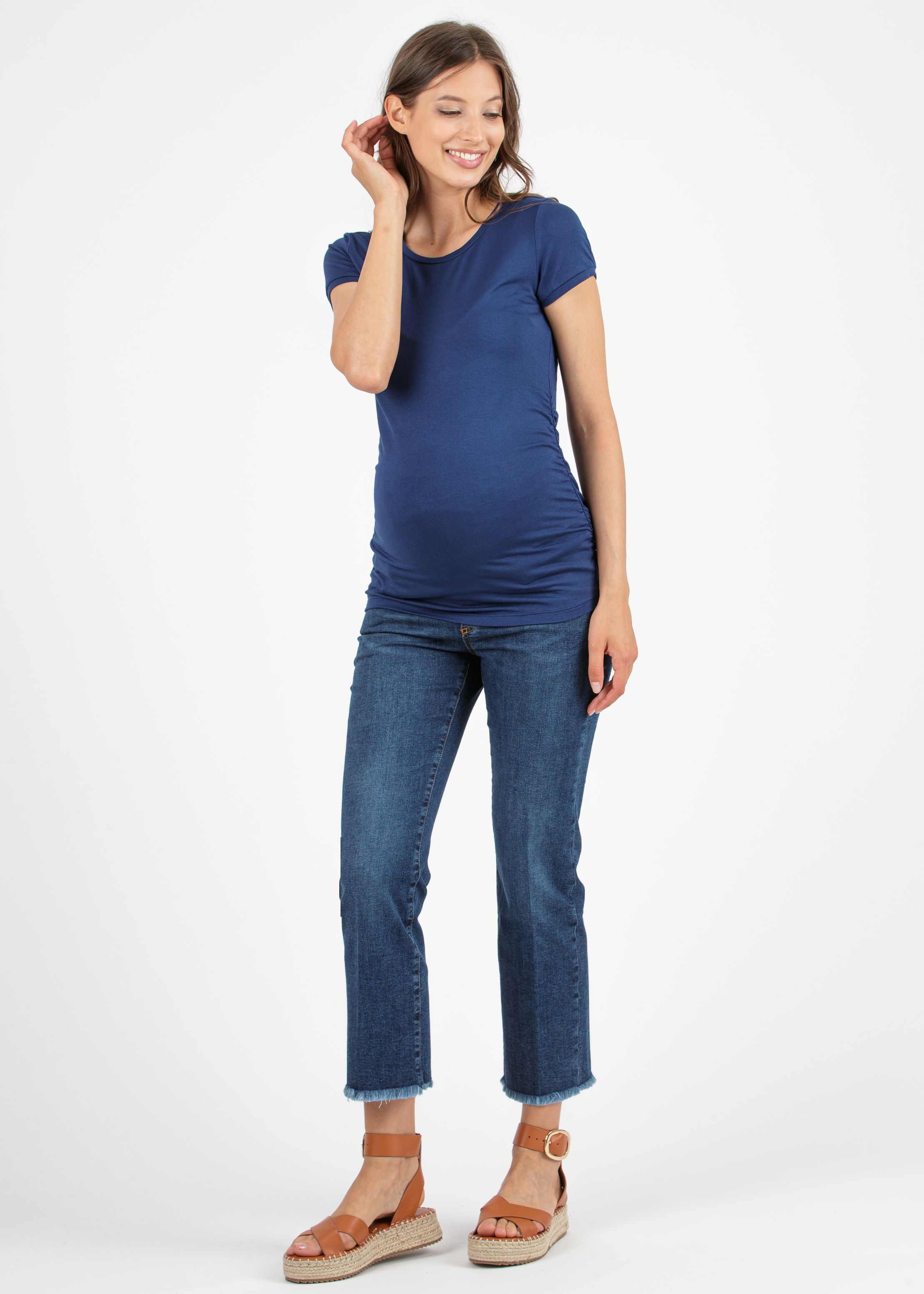 GIADA NAVY - Cropped Straight Maternity Jeans with Fringed Hem (Blu)