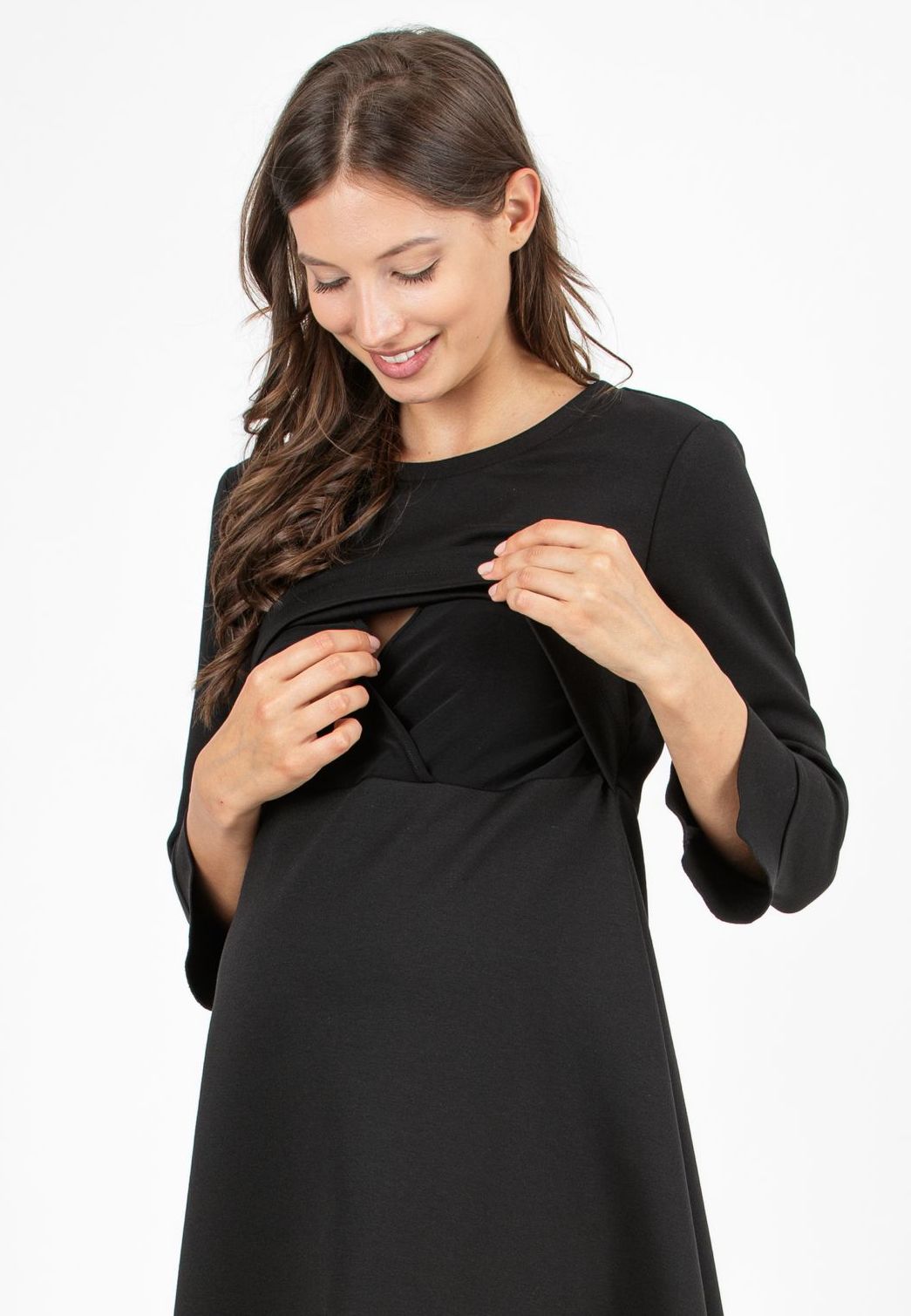 DAFNE – Flared Maternity & Nursing Dress with Back Button Detail (Black, XS)