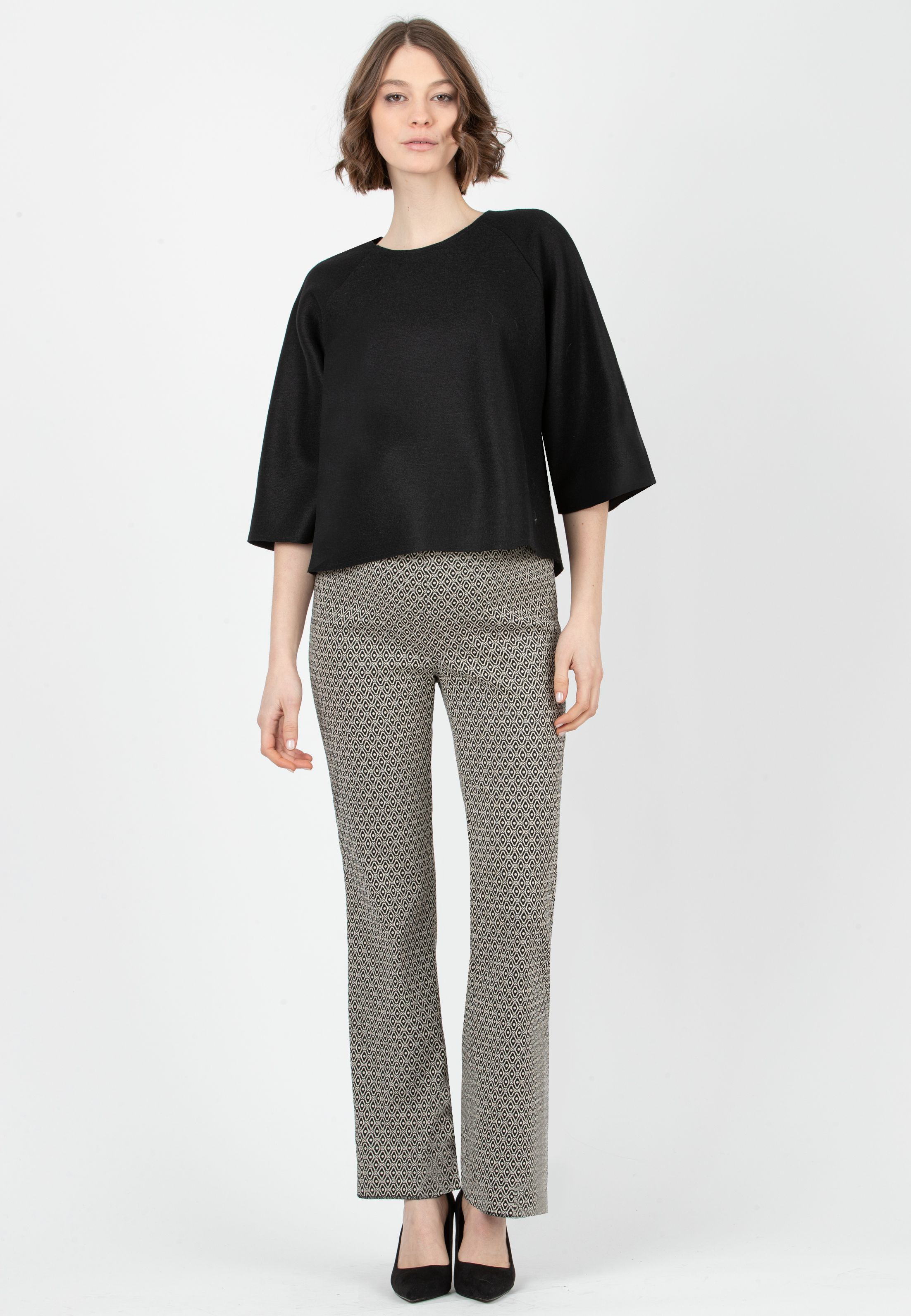 RAMONA - Pantalone Premaman a Campana in Bengalina Geometrica (Naturale, XS)