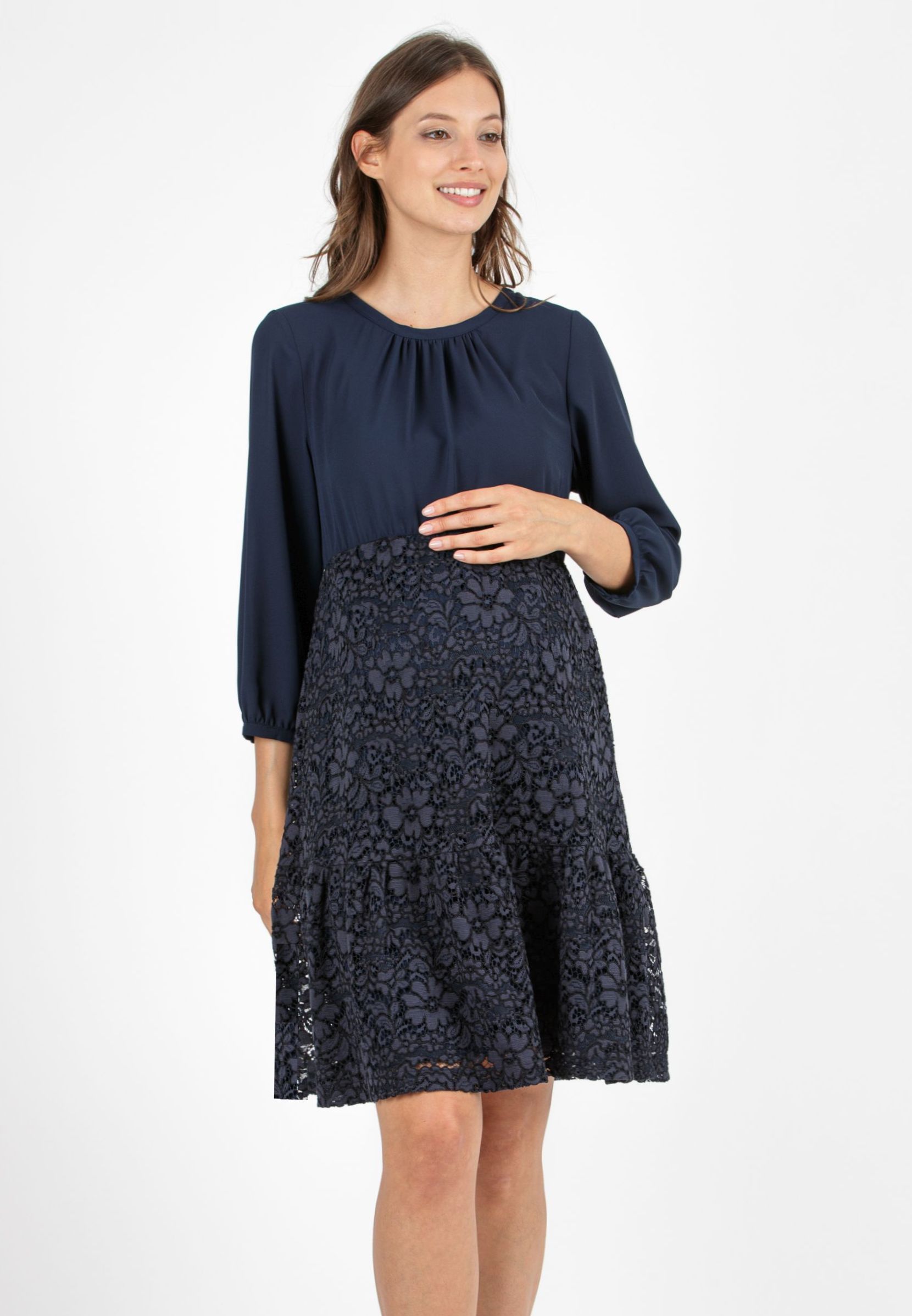 Abito Premaman Svasato in Chiffon e Pizzo con Balza (Blu Scuro, XS)